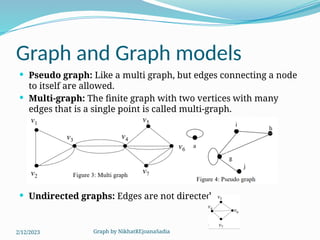 Graph by NikhatREjoanaSadia
Graph and Graph models
 Pseudo graph: Like a multi graph, but edges connecting a node
to itself are allowed.
 Multi-graph: The finite graph with two vertices with many
edges that is a single point is called multi-graph.
 Undirected graphs: Edges are not directed.
2/12/2023
 