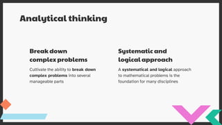 Analytical thinking
A systematical and logical approach
to mathematical problems is the
foundation for many disciplines
Cultivate the ability to break down
complex problems into several
manageable parts
Break down
complex problems
Systematic and
logical approach
 