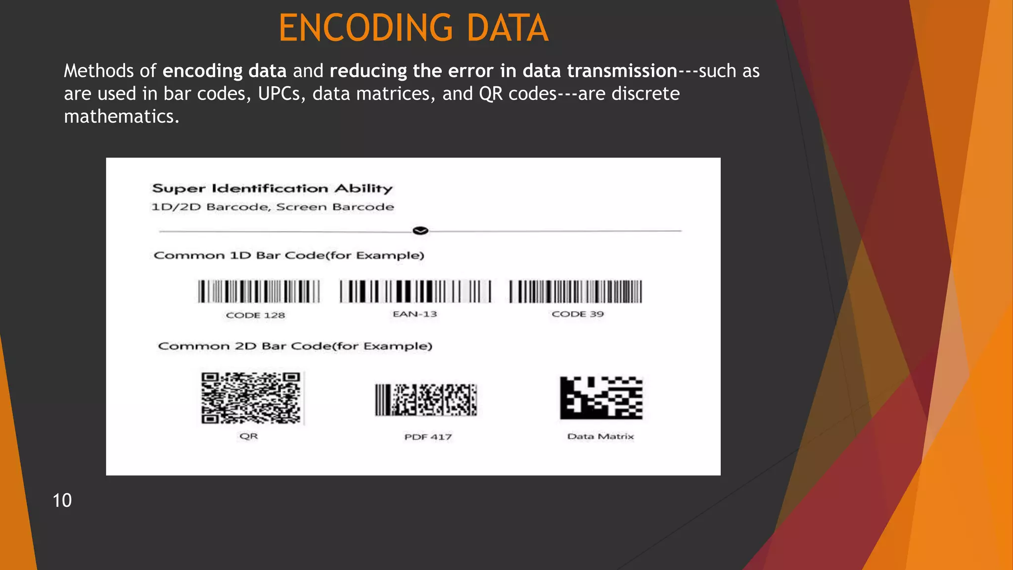ENCODING DATA
Methods of encoding data and reducing the error in data transmission---such as
are used in bar codes, UPCs, data matrices, and QR codes---are discrete
mathematics.
10
 