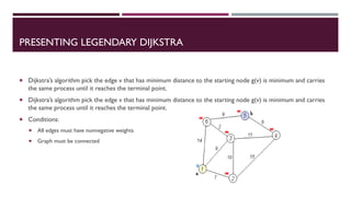 PRESENTING LEGENDARY DIJKSTRA
 Dijkstra’s algorithm pick the edge v that has minimum distance to the starting node g(v) is minimum and carries
the same process until it reaches the terminal point.
 Dijkstra’s algorithm pick the edge v that has minimum distance to the starting node g(v) is minimum and carries
the same process until it reaches the terminal point.
 Conditions:
 All edges must have nonnegative weights
 Graph must be connected
 
