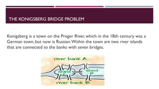 THE KONIGSBERG BRIDGE PROBLEM
Konigsberg is a town on the Preger River, which in the 18th century was a
German town, but now is Russian.Within the town are two river islands
that are connected to the banks with seven bridges.
 