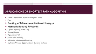 APPLICATIONS OF SHORTEST PATH ALGORITHM
 Games Development (Artificial Intelligence based)
 Maps
 Routing ofTelecommunications Messages
 Network Routing Protocols
 Optimal Pipelining ofVLSI Chip
 Texture Mapping
 Typesetting in TeX
 UrbanTraffic Planning
 Subroutine in Advanced Algorithms
 Exploiting Arbitrage Opportunities in Currency Exchange
 