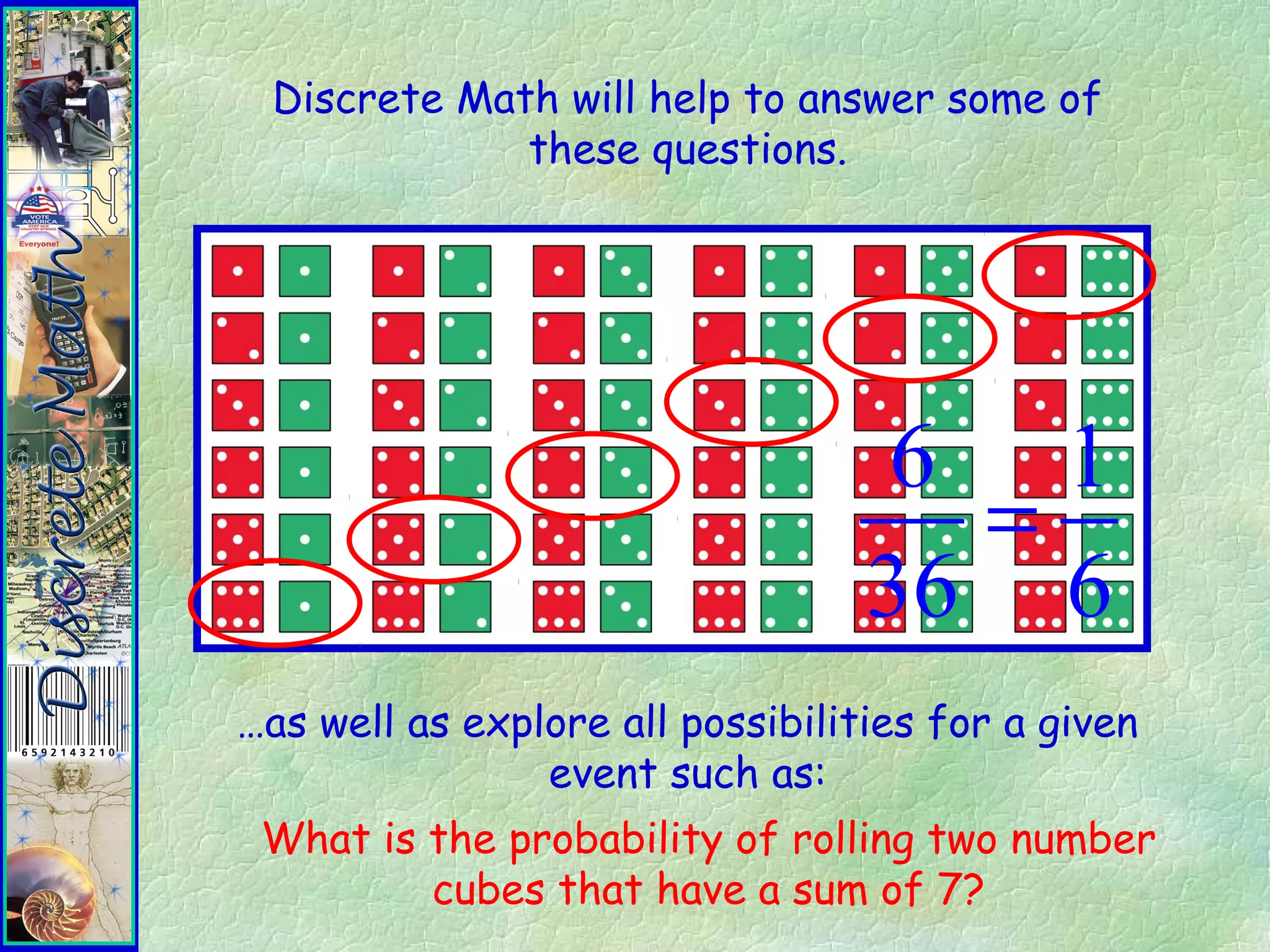 Discrete Math will help to answer some of
these questions.
…as well as explore all possibilities for a given
event such as:
What is the probability of rolling two number
cubes that have a sum of 7?
6 1
36 6
=
 