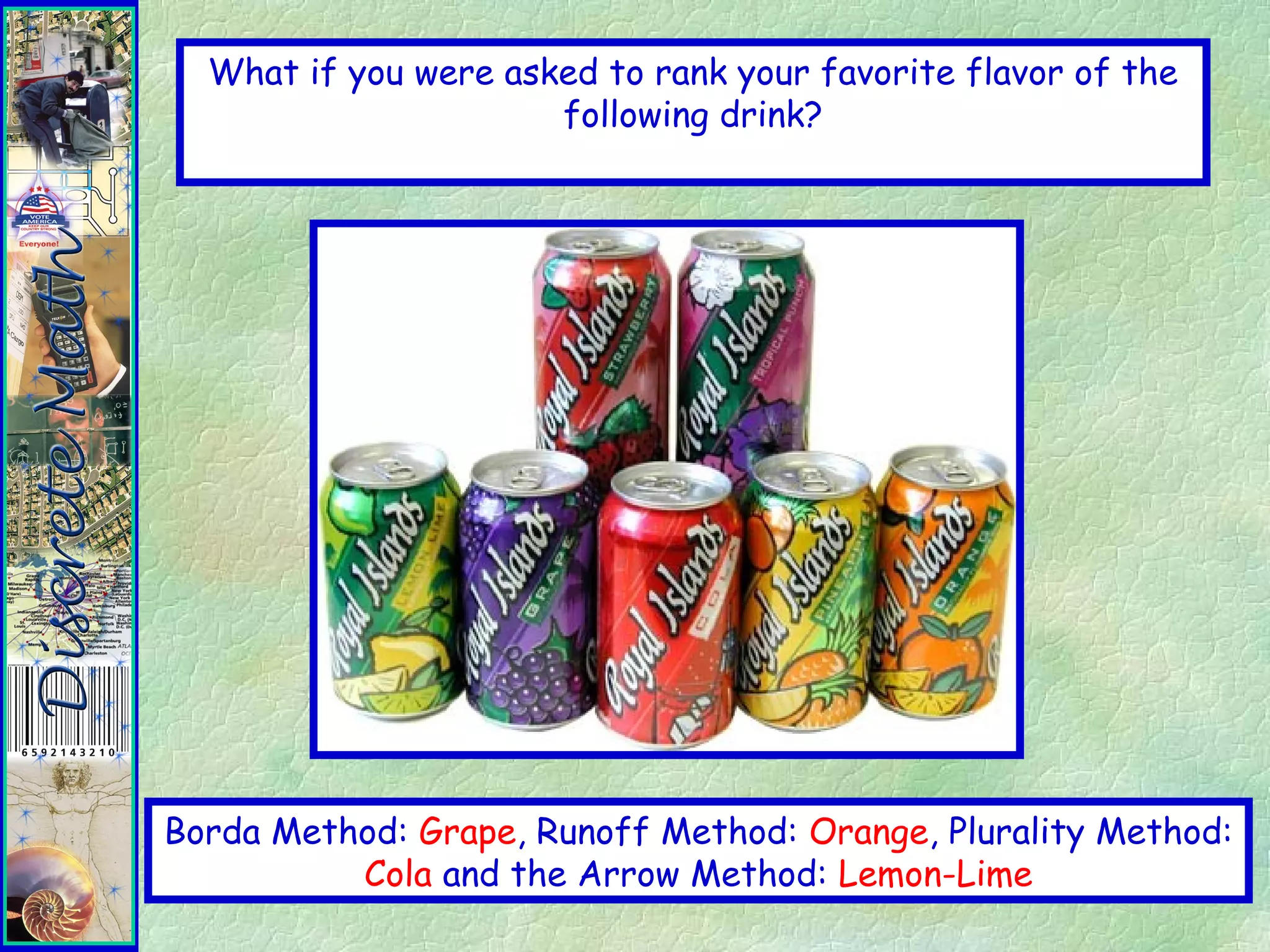 There are different types of processes by which the
preferences of individuals are combined to produce a group
decision.
Depending upon the Ranking Method used, the results could
be different.
Borda Method: Grape, Runoff Method: Orange, Plurality Method:
Cola and the Arrow Method: Lemon-Lime
What if you were asked to rank your favorite flavor of the
following drink?
 