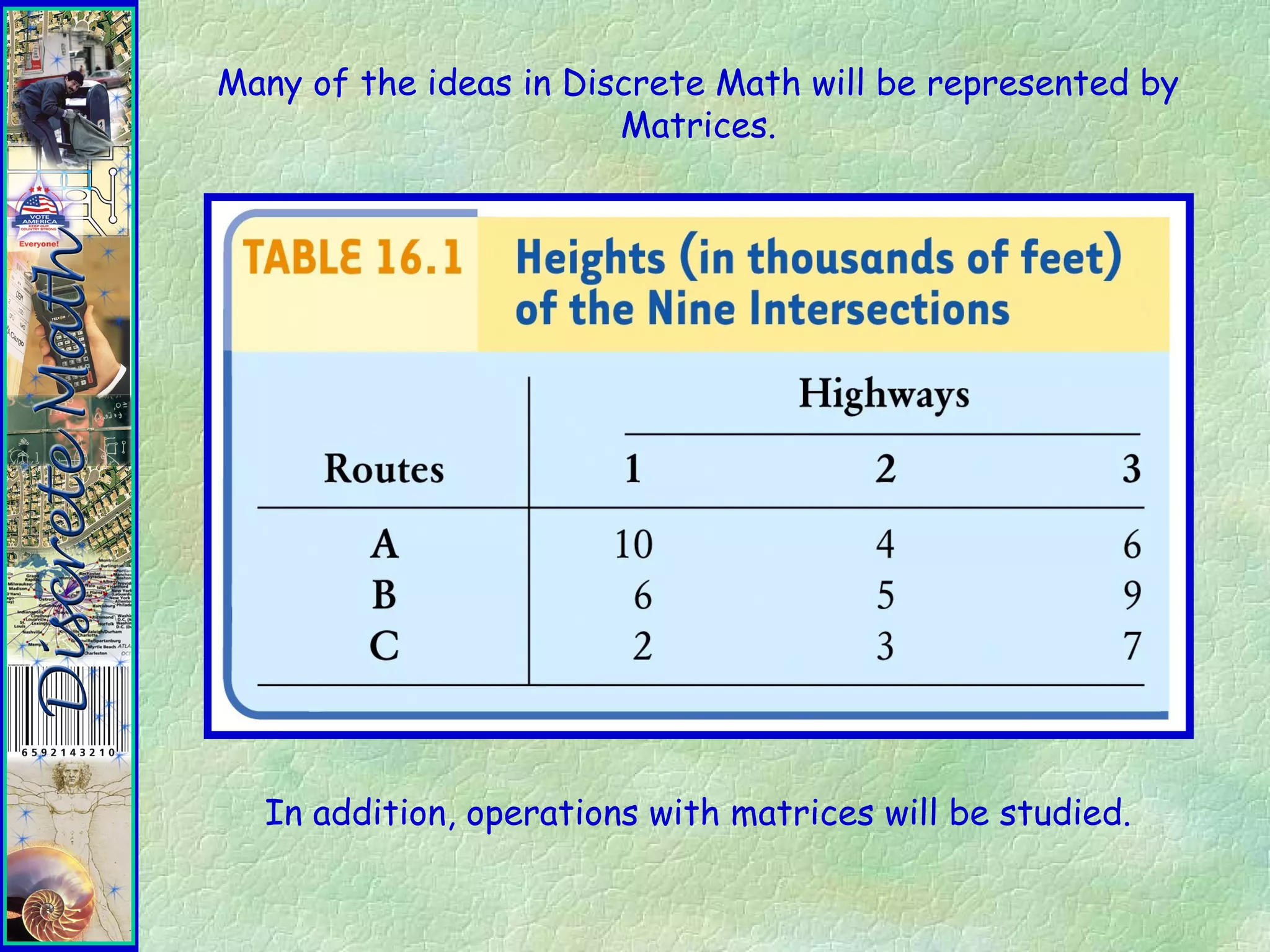 Many of the ideas in Discrete Math will be represented by
Matrices.
In addition, operations with matrices will be studied.
 