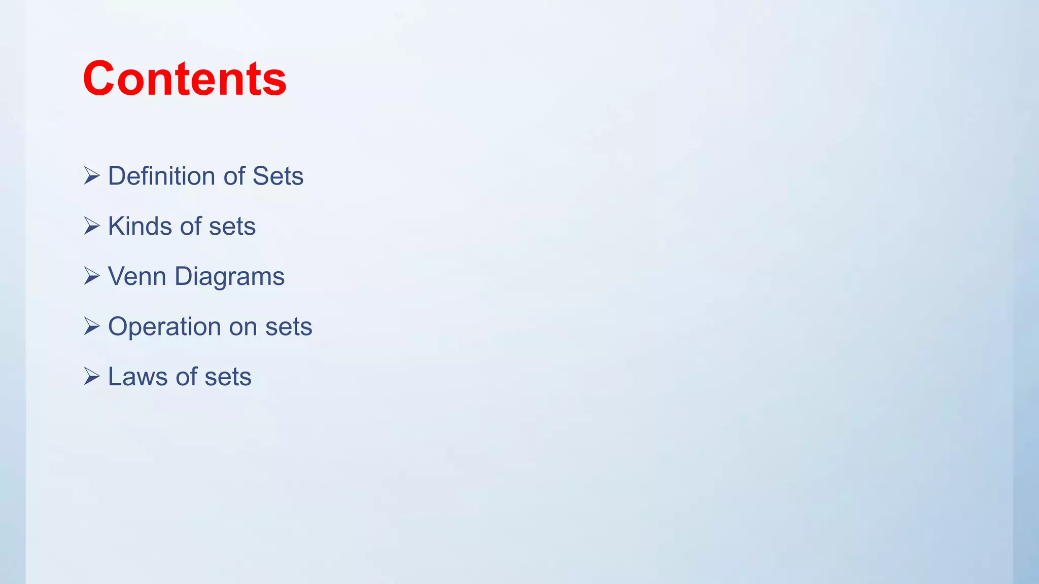 Contents
 Definition of Sets
 Kinds of sets
 Venn Diagrams
 Operation on sets
 Laws of sets
 
