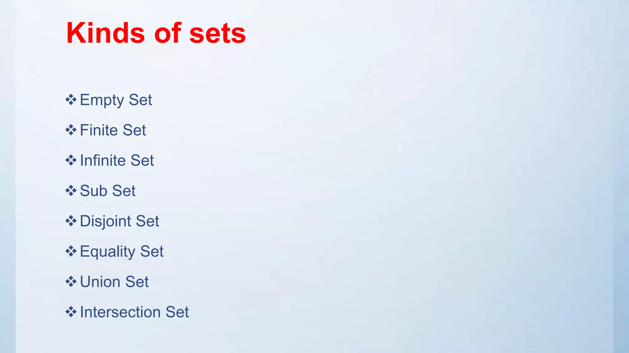Kinds of sets
Empty Set
Finite Set
Infinite Set
Sub Set
Disjoint Set
Equality Set
Union Set
Intersection Set
 