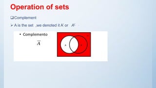 Operation of sets
Complement
 A is the set ,we denoted it A’ or A∁ .
 