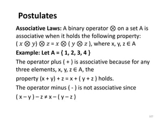 Postulates
Associative Laws: A binary operator ⊗ on a set A is
associative when it holds the following property:
( 𝑥 ⊗ 𝑦) ⊗ 𝑧 = 𝑥 ⊗ ( 𝑦 ⊗ 𝑧 ), where x, y, z ∈ A
Example: Let A = { 1, 2, 3, 4 }
The operator plus ( + ) is associative because for any
three elements, x, y, z ∈ A, the
property (x + y) + z = x + ( y + z ) holds.
The operator minus ( - ) is not associative since
( x – y ) – z ≠ x – ( y – z )
107
 