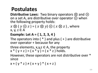 Postulates
Distributive Laws: Two binary operators ⊗ and ⊛
on a set A, are distributive over operator ⊛ when
the following property holds:
𝑥 ⊗ ( 𝑦 ⊛ 𝑧 ) = ( 𝑥 ⊗ 𝑦) ⊛ ( 𝑥 ⊗ 𝑧 ) , where
x, y, z ∈ A
Example: Let A = { 1, 2, 3, 4 }
The operators into ( * ) and plus ( + ) are distributive
over operator + because for any
three elements, x,y,z ∈ A, the property
x * ( y + z ) = ( x * y ) + ( x * z ) holds.
However, these operators are not distributive over *
since
x + ( y * z ) ≠ ( x + y ) * ( x + z )
109
 