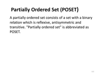 Partially Ordered Set (POSET)
A partially ordered set consists of a set with a binary
relation which is reflexive, antisymmetric and
transitive. "Partially ordered set" is abbreviated as
POSET.
122
 