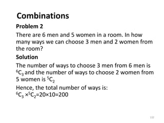 Combinations
Problem 2
There are 6 men and 5 women in a room. In how
many ways we can choose 3 men and 2 women from
the room?
Solution
The number of ways to choose 3 men from 6 men is
6C3 and the number of ways to choose 2 women from
5 women is 5C2
Hence, the total number of ways is:
6C3 ×5C2=20×10=200
132
 