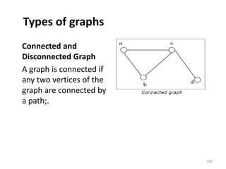 Types of graphs
Connected and
Disconnected Graph
A graph is connected if
any two vertices of the
graph are connected by
a path;.
183
 