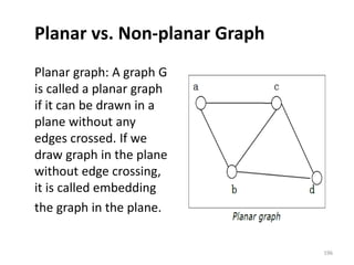 Planar vs. Non-planar Graph
Planar graph: A graph G
is called a planar graph
if it can be drawn in a
plane without any
edges crossed. If we
draw graph in the plane
without edge crossing,
it is called embedding
the graph in the plane.
196
 