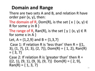 Domain and Range
There are two sets A and B, and relation R have
order pair (x, y), then:
The domain of R, Dom(R), is the set { x | (x, y) ∈
R for some y in B }
The range of R, Ran(R), is the set { y | (x, y) ∈ R
for some x in A }
Let, A = {1,2,9} and B = {1,3,7}
Case 1: If relation R is ‘less than’ then R = {(1,
3), (1, 7), (2, 3), (2, 7)}, Dom(R) = { 1, 2}, Ran(R)
= { 3, 7}
Case 2: If relation R is ‘greater than’ then R =
{(2, 1), (9, 1), (9, 3), (9, 7)} Dom(R) = { 2, 9},
Ran(R) = { 1, 3, 7} 33
 