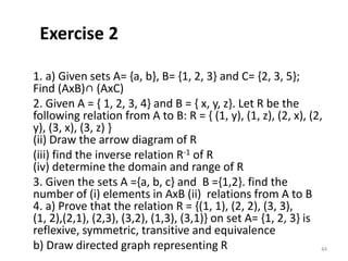 Exercise 2
1. a) Given sets A= {a, b}, B= {1, 2, 3} and C= {2, 3, 5};
Find (AxB)∩ (AxC)
2. Given A = { 1, 2, 3, 4} and B = { x, y, z}. Let R be the
following relation from A to B: R = { (1, y), (1, z), (2, x), (2,
y), (3, x), (3, z) }
(ii) Draw the arrow diagram of R
(iii) find the inverse relation R-1 of R
(iv) determine the domain and range of R
3. Given the sets A ={a, b, c} and B ={1,2}. find the
number of (i) elements in AxB (ii) relations from A to B
4. a) Prove that the relation R = {(1, 1), (2, 2), (3, 3),
(1, 2),(2,1), (2,3), (3,2), (1,3), (3,1)} on set A= {1, 2, 3} is
reflexive, symmetric, transitive and equivalence
b) Draw directed graph representing R 44
 