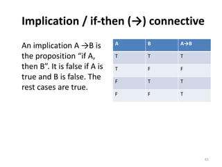 Implication / if-then (→) connective
An implication A →B is
the proposition “if A,
then B”. It is false if A is
true and B is false. The
rest cases are true.
A B A→B
T T T
T F F
F T T
F F T
65
 