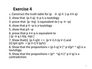 Exercise 4
1. Construct the truth table for (p → q) Ʌ (¬p ↔ q)
2. show that (p Ʌ q) → p is a tautology
3. prove that (p →q) is equivalent to (¬q → ¬p)
4. show that p V ¬p is a tautology
5. show that pɅ ¬p
6. prove that p ↔ q is equivalent to
[ (p → q ) Ʌ(q →p) ]
7. Show that(i) (p Ʌ q)V r = (p V r) Ʌ (q V r) and
(ii) (pV q)Ʌr = (p Ʌ r) V (qɅr)
8. Show that the propositions = (p Ʌ q) V (~ p V(p^ ~ q)) is a
tautology.
9. Show that the propositions = (p^ ~q) Ʌ (~ p V q) is a
contradiction.
73
 