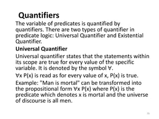 Quantifiers
The variable of predicates is quantified by
quantifiers. There are two types of quantifier in
predicate logic: Universal Quantifier and Existential
Quantifier.
Universal Quantifier
Universal quantifier states that the statements within
its scope are true for every value of the specific
variable. It is denoted by the symbol ∀.
∀x P(x) is read as for every value of x, P(x) is true.
Example: "Man is mortal" can be transformed into
the propositional form ∀x P(x) where P(x) is the
predicate which denotes x is mortal and the universe
of discourse is all men.
79
 