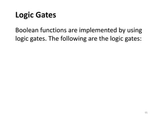 Logic Gates
Boolean functions are implemented by using
logic gates. The following are the logic gates:
95
 
