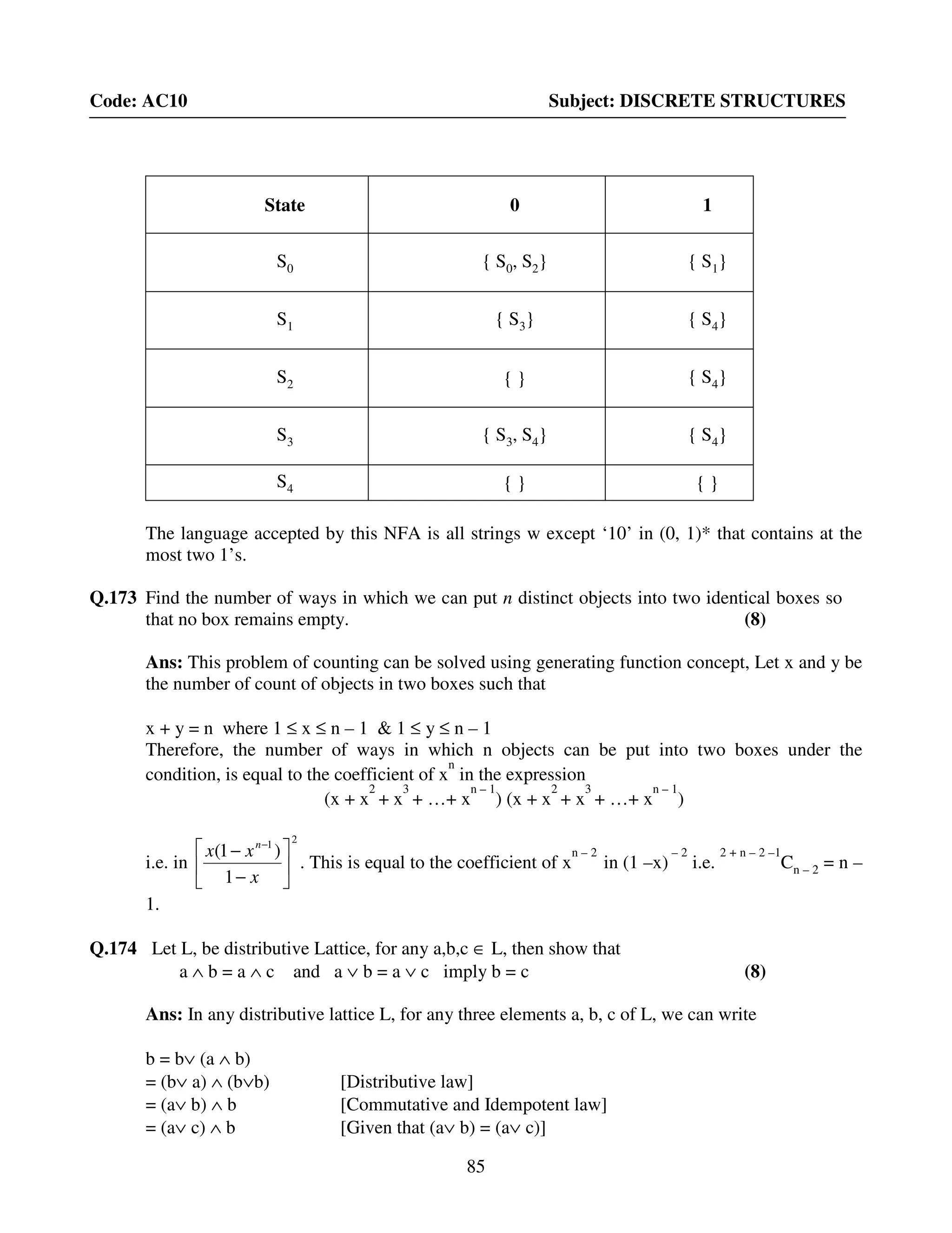 85
Code: AC10 Subject: DISCRETE STRUCTURES
State 0 1
S0 { S0, S2} { S1}
S1 { S3} { S4}
S2 { } { S4}
S3 { S3, S4} { S4}
S4 { } { }
The language accepted by this NFA is all strings w except ‘10’ in (0, 1)* that contains at the
most two 1’s.
Q.173 Find the number of ways in which we can put n distinct objects into two identical boxes so
that no box remains empty. (8)
Ans: This problem of counting can be solved using generating function concept, Let x and y be
the number of count of objects in two boxes such that
x + y = n where 1 ≤ x ≤ n – 1 & 1 ≤ y ≤ n – 1
Therefore, the number of ways in which n objects can be put into two boxes under the
condition, is equal to the coefficient of x
n
in the expression
(x + x
2
+ x
3
+ …+ x
n – 1
) (x + x
2
+ x
3
+ …+ x
n – 1
)
i.e. in
21
1
)1(






−
− −
x
xx n
. This is equal to the coefficient of x
n – 2
in (1 –x)
– 2
i.e.
2 + n – 2 –1
Cn – 2 = n –
1.
Q.174 Let L, be distributive Lattice, for any a,b,c ∈ L, then show that
a ∧ b = a ∧ c and a ∨ b = a ∨ c imply b = c (8)
Ans: In any distributive lattice L, for any three elements a, b, c of L, we can write
b = b∨ (a ∧ b)
= (b∨ a) ∧ (b∨b) [Distributive law]
= (a∨ b) ∧ b [Commutative and Idempotent law]
= (a∨ c) ∧ b [Given that (a∨ b) = (a∨ c)]
 