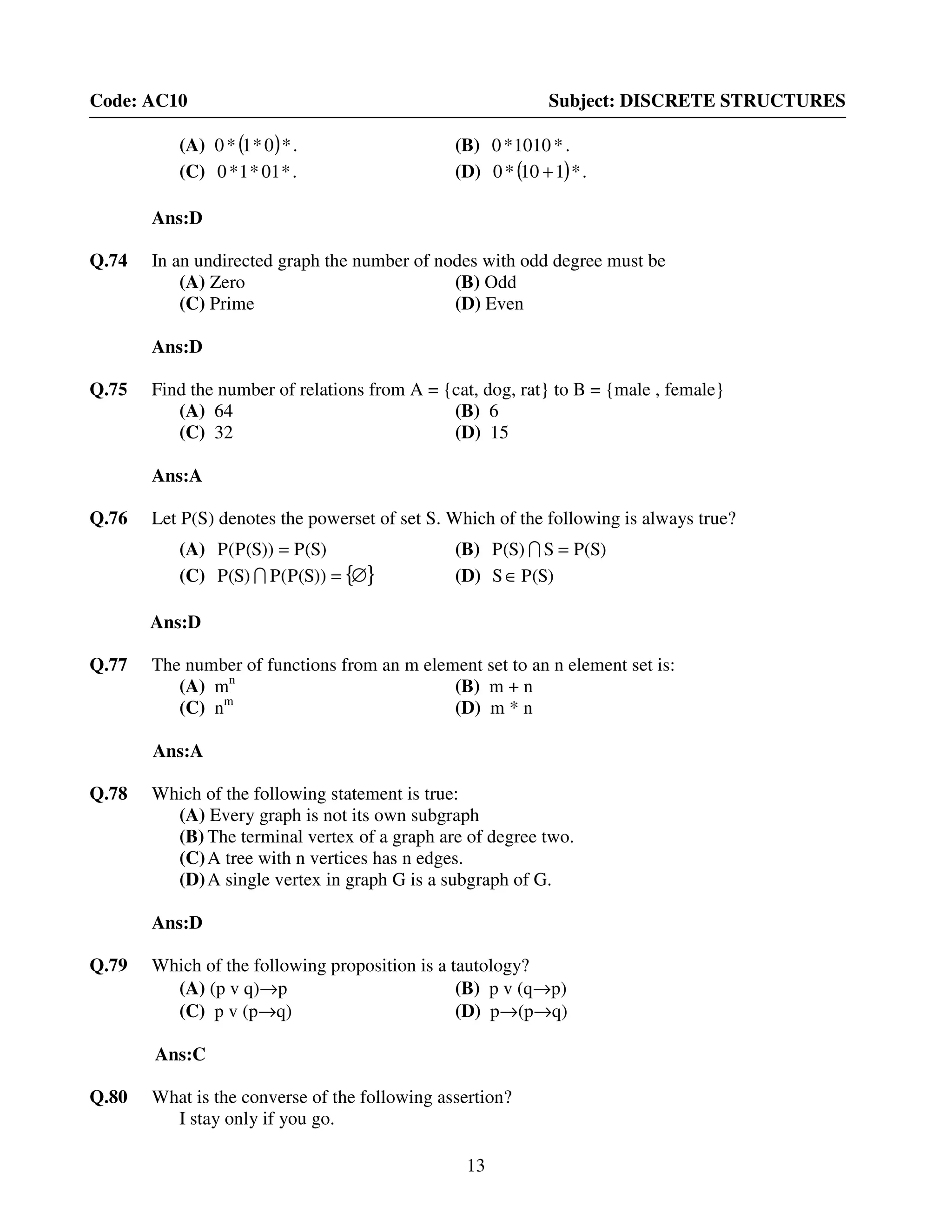 13
Code: AC10 Subject: DISCRETE STRUCTURES
(A) ( )*0*1*0 . (B) *1010*0 .
(C) *01*1*0 . (D) ( )*110*0 + .
Ans:D
Q.74 In an undirected graph the number of nodes with odd degree must be
(A) Zero (B) Odd
(C) Prime (D) Even
Ans:D
Q.75 Find the number of relations from A = {cat, dog, rat} to B = {male , female}
(A) 64 (B) 6
(C) 32 (D) 15
Ans:A
Q.76 Let P(S) denotes the powerset of set S. Which of the following is always true?
(A) )S(P))S(P(P = (B) )S(PS)S(P =I
(C) { }∅=))S(P(P)S(P I (D) )S(PS∈
Ans:D
Q.77 The number of functions from an m element set to an n element set is:
(A) mn
(B) m + n
(C) nm
(D) m * n
Ans:A
Q.78 Which of the following statement is true:
(A) Every graph is not its own subgraph
(B) The terminal vertex of a graph are of degree two.
(C)A tree with n vertices has n edges.
(D)A single vertex in graph G is a subgraph of G.
Ans:D
Q.79 Which of the following proposition is a tautology?
(A) (p v q)→p (B) p v (q→p)
(C) p v (p→q) (D) p→(p→q)
Ans:C
Q.80 What is the converse of the following assertion?
I stay only if you go.
 