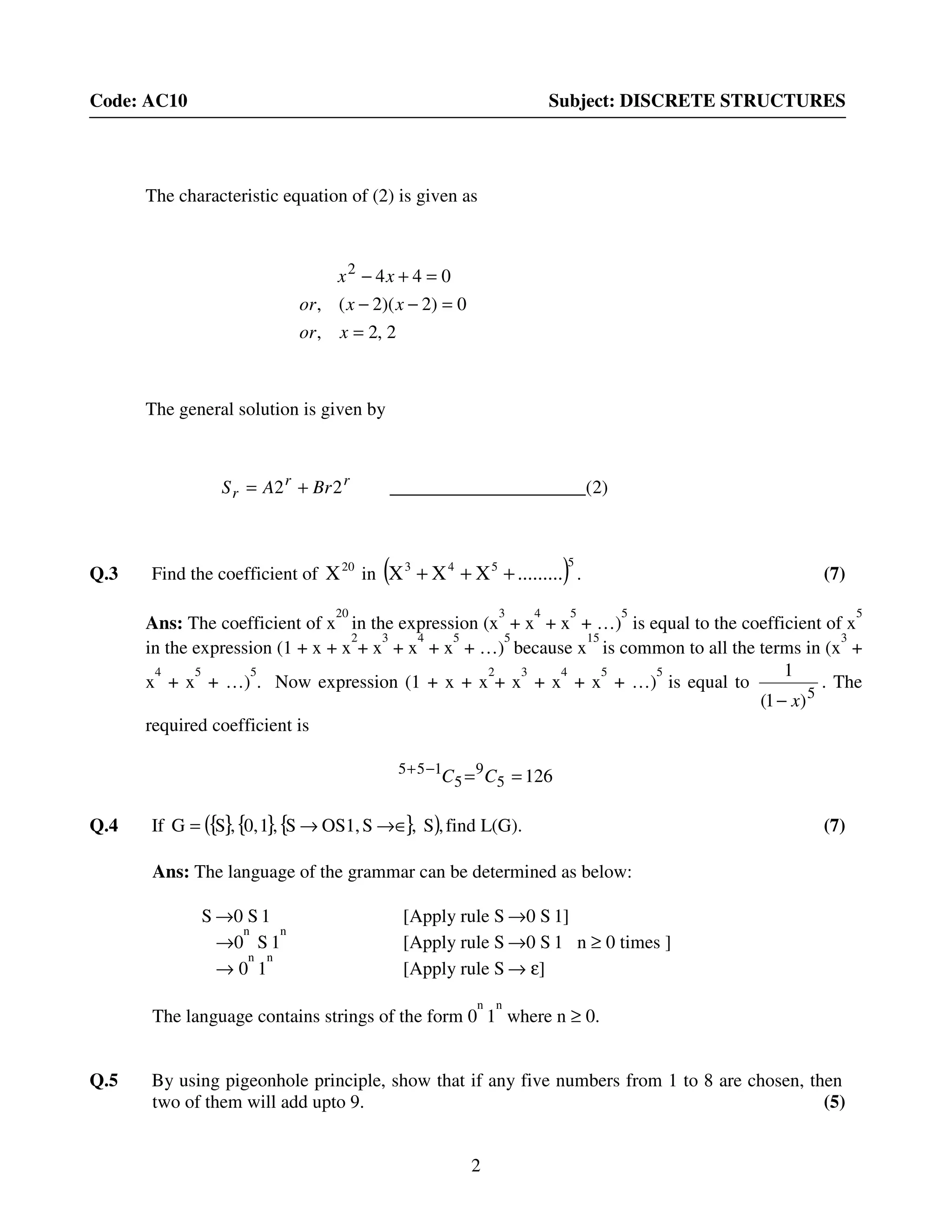 2
Code: AC10 Subject: DISCRETE STRUCTURES
The characteristic equation of (2) is given as
The general solution is given by
Q.3 Find the coefficient of 20
X in ( )5543
.........XXX +++ . (7)
Ans: The coefficient of x
20
in the expression (x
3
+ x
4
+ x
5
+ …)
5
is equal to the coefficient of x
5
in the expression (1 + x + x
2
+ x
3
+ x
4
+ x
5
+ …)
5
because x
15
is common to all the terms in (x
3
+
x
4
+ x
5
+ …)
5
. Now expression (1 + x + x
2
+ x
3
+ x
4
+ x
5
+ …)
5
is equal to
5
)1(
1
x−
. The
required coefficient is
2615
9
5
155
==−+
CC
Q.4 If { } { } { }( ),S,SOS1,S,10,,SG →∈→= find L(G). (7)
Ans: The language of the grammar can be determined as below:
S →0 S 1 [Apply rule S →0 S 1]
→0
n
S 1
n
[Apply rule S →0 S 1 n ≥ 0 times ]
→ 0
n
1
n
[Apply rule S → ε]
The language contains strings of the form 0
n
1
n
where n ≥ 0.
Q.5 By using pigeonhole principle, show that if any five numbers from 1 to 8 are chosen, then
two of them will add upto 9. (5)
2,2,
0)2)(2(,
0442
=
=−−
=+−
xor
xxor
xx
)2_(____________________22 rr
r BrAS +=
 