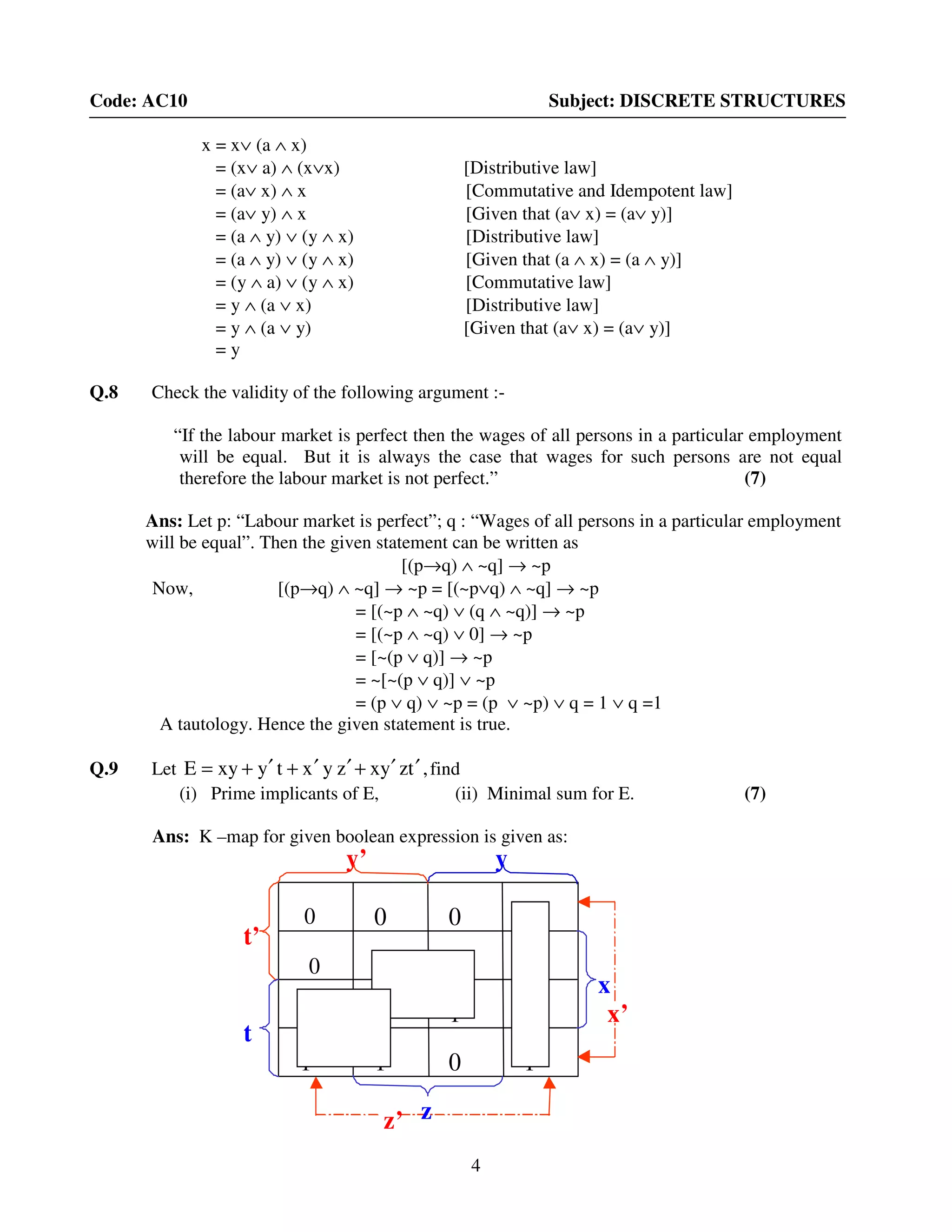 4
Code: AC10 Subject: DISCRETE STRUCTURES
x = x∨ (a ∧ x)
= (x∨ a) ∧ (x∨x) [Distributive law]
= (a∨ x) ∧ x [Commutative and Idempotent law]
= (a∨ y) ∧ x [Given that (a∨ x) = (a∨ y)]
= (a ∧ y) ∨ (y ∧ x) [Distributive law]
= (a ∧ y) ∨ (y ∧ x) [Given that (a ∧ x) = (a ∧ y)]
= (y ∧ a) ∨ (y ∧ x) [Commutative law]
= y ∧ (a ∨ x) [Distributive law]
= y ∧ (a ∨ y) [Given that (a∨ x) = (a∨ y)]
= y
Q.8 Check the validity of the following argument :-
“If the labour market is perfect then the wages of all persons in a particular employment
will be equal. But it is always the case that wages for such persons are not equal
therefore the labour market is not perfect.” (7)
Ans: Let p: “Labour market is perfect”; q : “Wages of all persons in a particular employment
will be equal”. Then the given statement can be written as
[(p→q) ∧ ~q] → ~p
Now, [(p→q) ∧ ~q] → ~p = [(~p∨q) ∧ ~q] → ~p
= [(~p ∧ ~q) ∨ (q ∧ ~q)] → ~p
= [(~p ∧ ~q) ∨ 0] → ~p
= [~(p ∨ q)] → ~p
= ~[~(p ∨ q)] ∨ ~p
= (p ∨ q) ∨ ~p = (p ∨ ~p) ∨ q = 1 ∨ q =1
A tautology. Hence the given statement is true.
Q.9 Let ,tzyxzyxtyxyE ′′+′′+′+= find
(i) Prime implicants of E, (ii) Minimal sum for E. (7)
Ans: K –map for given boolean expression is given as:
y’
z’
x’
t’
t
y
z
x
0 0 0 1
0 1 1 1
1 1 1 1
1 1 0 1
 