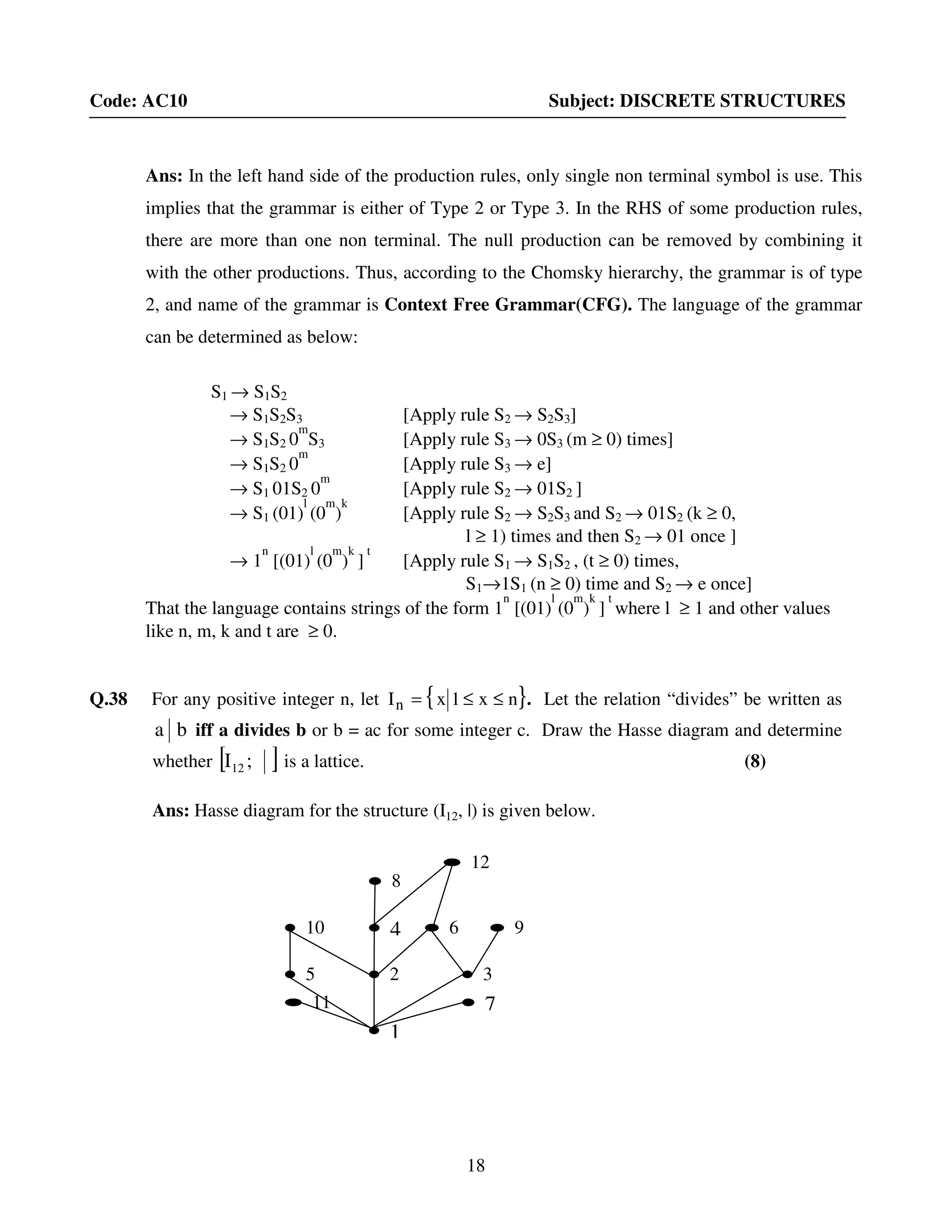18
Code: AC10 Subject: DISCRETE STRUCTURES
Ans: In the left hand side of the production rules, only single non terminal symbol is use. This
implies that the grammar is either of Type 2 or Type 3. In the RHS of some production rules,
there are more than one non terminal. The null production can be removed by combining it
with the other productions. Thus, according to the Chomsky hierarchy, the grammar is of type
2, and name of the grammar is Context Free Grammar(CFG). The language of the grammar
can be determined as below:
S1 → S1S2
→ S1S2S3 [Apply rule S2 → S2S3]
→ S1S2 0
m
S3 [Apply rule S3 → 0S3 (m ≥ 0) times]
→ S1S2 0
m
[Apply rule S3 → e]
→ S1 01S2 0
m
[Apply rule S2 → 01S2 ]
→ S1 (01)
l
(0
m
)
k
[Apply rule S2 → S2S3 and S2 → 01S2 (k ≥ 0,
l ≥ 1) times and then S2 → 01 once ]
→ 1
n
[(01)
l
(0
m
)
k
]
t
[Apply rule S1 → S1S2 , (t ≥ 0) times,
S1→1S1 (n ≥ 0) time and S2 → e once]
That the language contains strings of the form 1
n
[(01)
l
(0
m
)
k
]
t
where l ≥ 1 and other values
like n, m, k and t are ≥ 0.
Q.38 For any positive integer n, let { }nx1xIn ≤≤= . Let the relation “divides” be written as
ba iff a divides b or b = ac for some integer c. Draw the Hasse diagram and determine
whether [ ];I12 is a lattice. (8)
Ans: Hasse diagram for the structure (I12, |) is given below.
5 32
10
1
11 7
4
8
96
12
 
