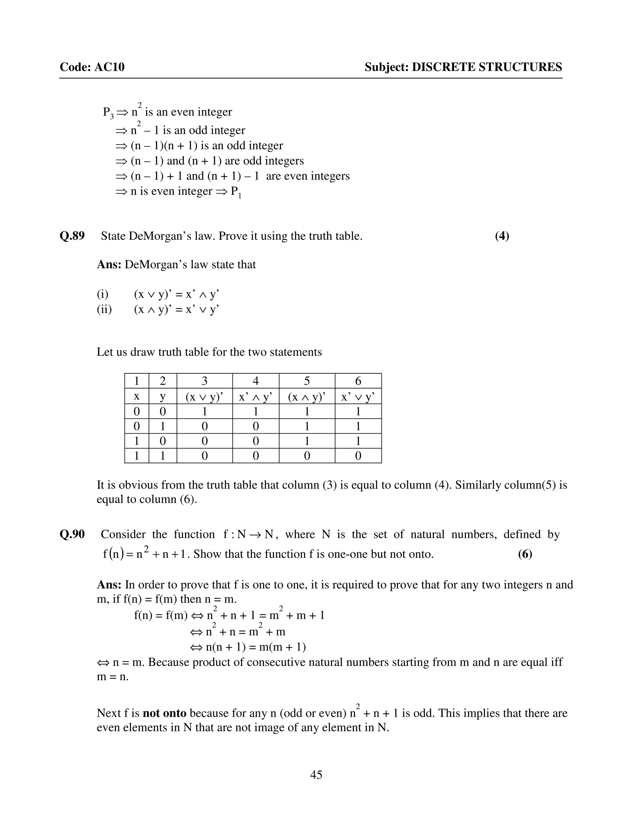45
Code: AC10 Subject: DISCRETE STRUCTURES
P3 ⇒ n
2
is an even integer
⇒ n
2
– 1 is an odd integer
⇒ (n – 1)(n + 1) is an odd integer
⇒ (n – 1) and (n + 1) are odd integers
⇒ (n – 1) + 1 and (n + 1) – 1 are even integers
⇒ n is even integer ⇒ P1
Q.89 State DeMorgan’s law. Prove it using the truth table. (4)
Ans: DeMorgan’s law state that
(i) (x ∨ y)’ = x’ ∧ y’
(ii) (x ∧ y)’ = x’ ∨ y’
Let us draw truth table for the two statements
1 2 3 4 5 6
x y (x ∨ y)’ x’ ∧ y’ (x ∧ y)’ x’ ∨ y’
0 0 1 1 1 1
0 1 0 0 1 1
1 0 0 0 1 1
1 1 0 0 0 0
It is obvious from the truth table that column (3) is equal to column (4). Similarly column(5) is
equal to column (6).
Q.90 Consider the function NN:f → , where N is the set of natural numbers, defined by
( ) 1nnnf 2
++= . Show that the function f is one-one but not onto. (6)
Ans: In order to prove that f is one to one, it is required to prove that for any two integers n and
m, if f(n) = f(m) then n = m.
f(n) = f(m) ⇔ n
2
+ n + 1 = m
2
+ m + 1
⇔ n
2
+ n = m
2
+ m
⇔ n(n + 1) = m(m + 1)
⇔ n = m. Because product of consecutive natural numbers starting from m and n are equal iff
m = n.
Next f is not onto because for any n (odd or even) n
2
+ n + 1 is odd. This implies that there are
even elements in N that are not image of any element in N.
 