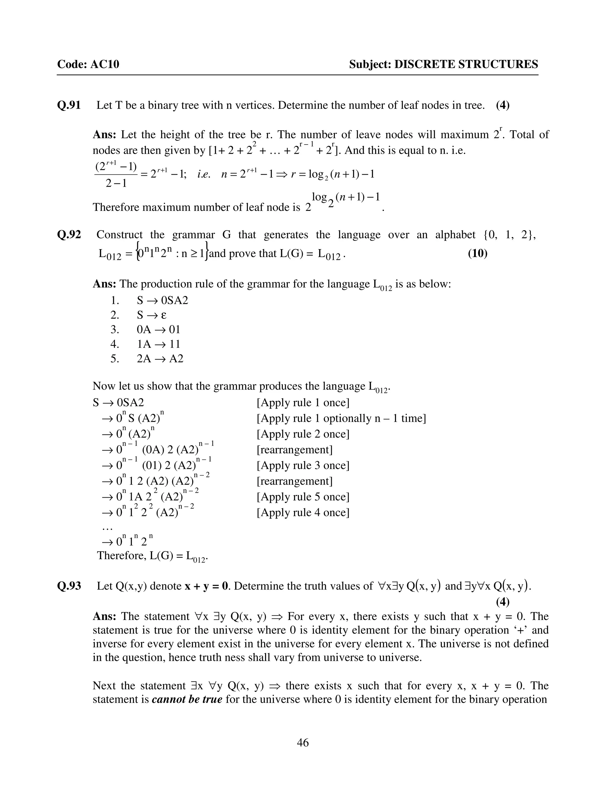 46
Code: AC10 Subject: DISCRETE STRUCTURES
Q.91 Let T be a binary tree with n vertices. Determine the number of leaf nodes in tree. (4)
Ans: Let the height of the tree be r. The number of leave nodes will maximum 2
r
. Total of
nodes are then given by [1+ 2 + 2
2
+ … + 2
r – 1
+ 2
r
]. And this is equal to n. i.e.
1)1(log12..;12
12
)12(
2
11
1
−+=⇒−=−=
−
− ++
+
nrnei rr
r
Therefore maximum number of leaf node is
1)1(
2
log
2
−+n
.
Q.92 Construct the grammar G that generates the language over an alphabet {0, 1, 2},
{ }1n:210L nnn
012 ≥= and prove that L(G) = 012L . (10)
Ans: The production rule of the grammar for the language L012 is as below:
1. S → 0SA2
2. S → ε
3. 0A → 01
4. 1A → 11
5. 2A → A2
Now let us show that the grammar produces the language L012.
S → 0SA2 [Apply rule 1 once]
→ 0
n
S (A2)
n
[Apply rule 1 optionally n – 1 time]
→ 0
n
(A2)
n
[Apply rule 2 once]
→ 0
n – 1
(0A) 2 (A2)
n – 1
[rearrangement]
→ 0
n – 1
(01) 2 (A2)
n – 1
[Apply rule 3 once]
→ 0
n
1 2 (A2) (A2)
n – 2
[rearrangement]
→ 0
n
1A 2
2
(A2)
n – 2
[Apply rule 5 once]
→ 0
n
1
2
2
2
(A2)
n – 2
[Apply rule 4 once]
…
→ 0
n
1
n
2
n
Therefore, L(G) = L012.
Q.93 Let Q(x,y) denote x + y = 0. Determine the truth values of ( ) ( )yx,Qxyandyx,Qyx ∀∃∃∀ .
(4)
Ans: The statement ∀x ∃y Q(x, y) ⇒ For every x, there exists y such that x + y = 0. The
statement is true for the universe where 0 is identity element for the binary operation ‘+’ and
inverse for every element exist in the universe for every element x. The universe is not defined
in the question, hence truth ness shall vary from universe to universe.
Next the statement ∃x ∀y Q(x, y) ⇒ there exists x such that for every x, x + y = 0. The
statement is cannot be true for the universe where 0 is identity element for the binary operation
 