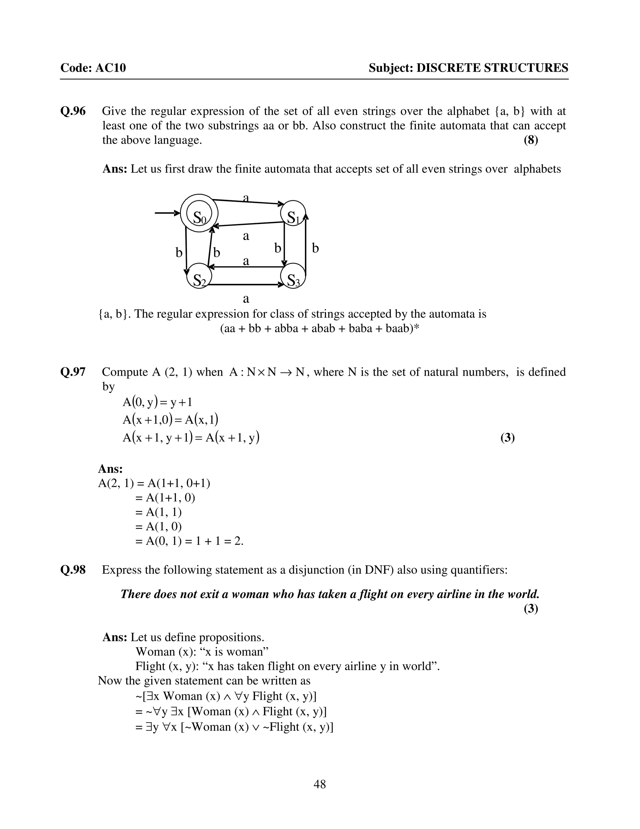 48
Code: AC10 Subject: DISCRETE STRUCTURES
Q.96 Give the regular expression of the set of all even strings over the alphabet {a, b} with at
least one of the two substrings aa or bb. Also construct the finite automata that can accept
the above language. (8)
Ans: Let us first draw the finite automata that accepts set of all even strings over alphabets
{a, b}. The regular expression for class of strings accepted by the automata is
(aa + bb + abba + abab + baba + baab)*
Q.97 Compute A (2, 1) when NNN:A →× , where N is the set of natural numbers, is defined
by
( ) 1yy,0A +=
( ) ( )1x,A1,0xA =+
( ) ( )y1,xA1y1,xA +=++ (3)
Ans:
A(2, 1) = A(1+1, 0+1)
= A(1+1, 0)
= A(1, 1)
= A(1, 0)
= A(0, 1) = 1 + 1 = 2.
Q.98 Express the following statement as a disjunction (in DNF) also using quantifiers:
There does not exit a woman who has taken a flight on every airline in the world.
(3)
Ans: Let us define propositions.
Woman (x): “x is woman”
Flight (x, y): “x has taken flight on every airline y in world”.
Now the given statement can be written as
~[∃x Woman (x) ∧ ∀y Flight (x, y)]
= ~∀y ∃x [Woman (x) ∧ Flight (x, y)]
= ∃y ∀x [~Woman (x) ∨ ~Flight (x, y)]
S0
S2 S3
S1S0S0
a
S2 S3
S1
a
bb
a
a
bb
 