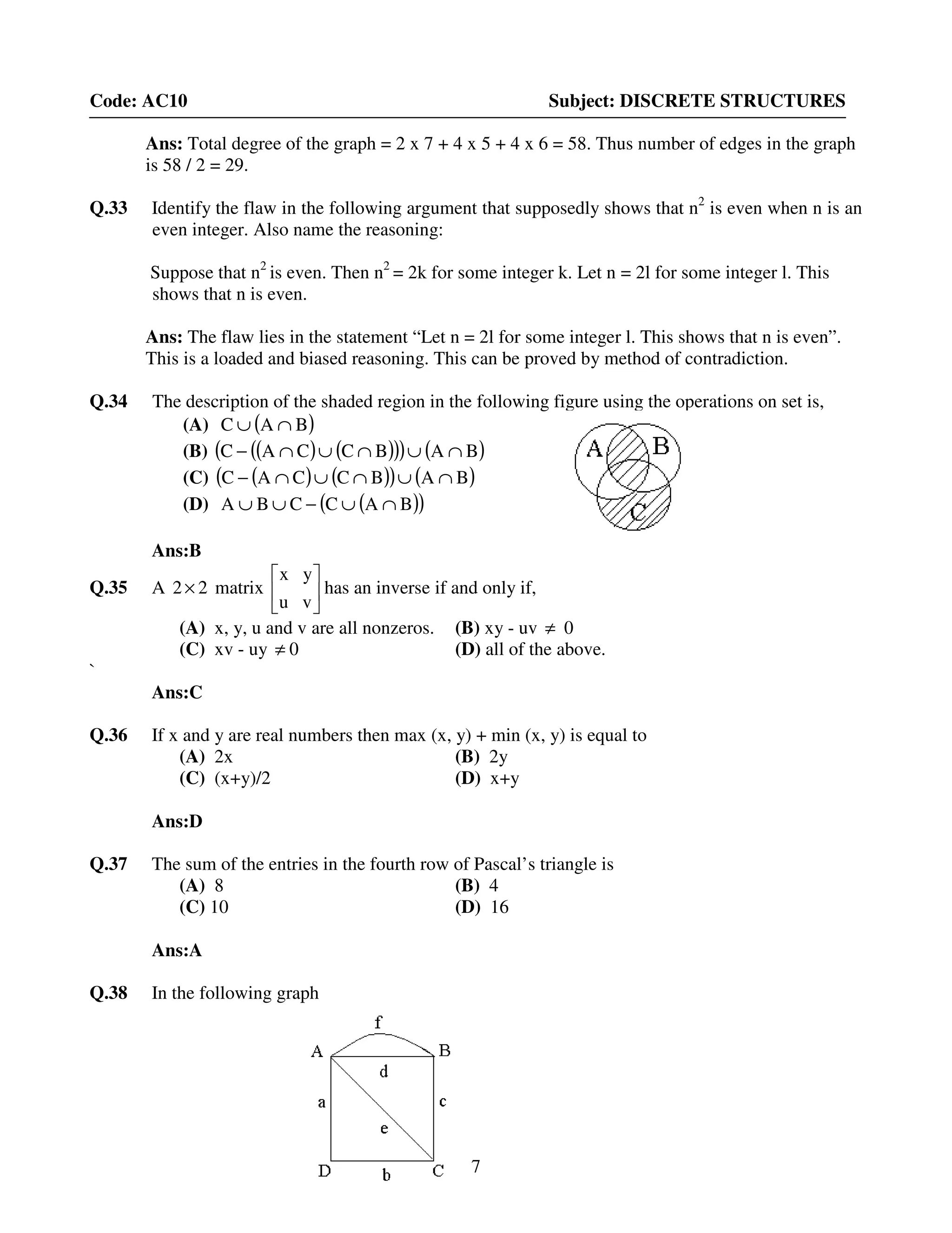 7
Code: AC10 Subject: DISCRETE STRUCTURES
Ans: Total degree of the graph = 2 x 7 + 4 x 5 + 4 x 6 = 58. Thus number of edges in the graph
is 58 / 2 = 29.
Q.33 Identify the flaw in the following argument that supposedly shows that n2
is even when n is an
even integer. Also name the reasoning:
Suppose that n2
is even. Then n2
= 2k for some integer k. Let n = 2l for some integer l. This
shows that n is even.
Ans: The flaw lies in the statement “Let n = 2l for some integer l. This shows that n is even”.
This is a loaded and biased reasoning. This can be proved by method of contradiction.
Q.34 The description of the shaded region in the following figure using the operations on set is,
(A) ( )BAC ∩∪
(B) ( ) ( )( )( ) ( )BABCCAC ∩∪∩∪∩−
(C) ( ) ( )( ) ( )BABCCAC ∩∪∩∪∩−
(D) ( )( )BACCBA ∩∪−∪∪
Ans:B
Q.35 A 22× matrix 





u v
yx
has an inverse if and only if,
(A) x, y, u and v are all nonzeros. (B) xy - uv ≠ 0
(C) xv - uy ≠ 0 (D) all of the above.
`
Ans:C
Q.36 If x and y are real numbers then max (x, y) + min (x, y) is equal to
(A) 2x (B) 2y
(C) (x+y)/2 (D) x+y
Ans:D
Q.37 The sum of the entries in the fourth row of Pascal’s triangle is
(A) 8 (B) 4
(C) 10 (D) 16
Ans:A
Q.38 In the following graph
 