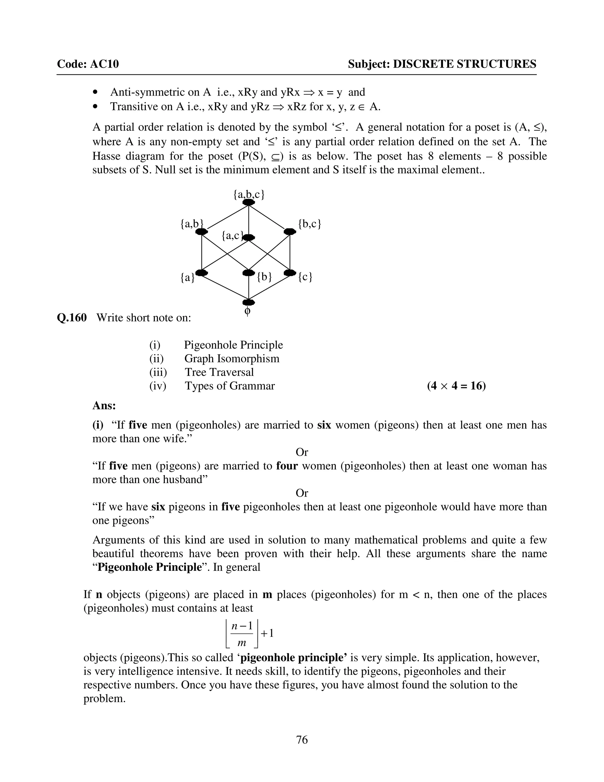 76
Code: AC10 Subject: DISCRETE STRUCTURES
• Anti-symmetric on A i.e., xRy and yRx ⇒ x = y and
• Transitive on A i.e., xRy and yRz ⇒ xRz for x, y, z ∈ A.
A partial order relation is denoted by the symbol ‘≤’. A general notation for a poset is (A, ≤),
where A is any non-empty set and ‘≤’ is any partial order relation defined on the set A. The
Hasse diagram for the poset (P(S), ⊆) is as below. The poset has 8 elements – 8 possible
subsets of S. Null set is the minimum element and S itself is the maximal element..
Q.160 Write short note on:
(i) Pigeonhole Principle
(ii) Graph Isomorphism
(iii) Tree Traversal
(iv) Types of Grammar (4 × 4 = 16)
Ans:
(i) “If five men (pigeonholes) are married to six women (pigeons) then at least one men has
more than one wife.”
Or
“If five men (pigeons) are married to four women (pigeonholes) then at least one woman has
more than one husband”
Or
“If we have six pigeons in five pigeonholes then at least one pigeonhole would have more than
one pigeons”
Arguments of this kind are used in solution to many mathematical problems and quite a few
beautiful theorems have been proven with their help. All these arguments share the name
“Pigeonhole Principle”. In general
If n objects (pigeons) are placed in m places (pigeonholes) for m < n, then one of the places
(pigeonholes) must contains at least
objects (pigeons).This so called ‘pigeonhole principle’ is very simple. Its application, however,
is very intelligence intensive. It needs skill, to identify the pigeons, pigeonholes and their
respective numbers. Once you have these figures, you have almost found the solution to the
problem.
φ
{c}{a}
{b,c}{a,b}
{a,b,c}
{b}
{a,c}
1
1
+


 −
m
n
 