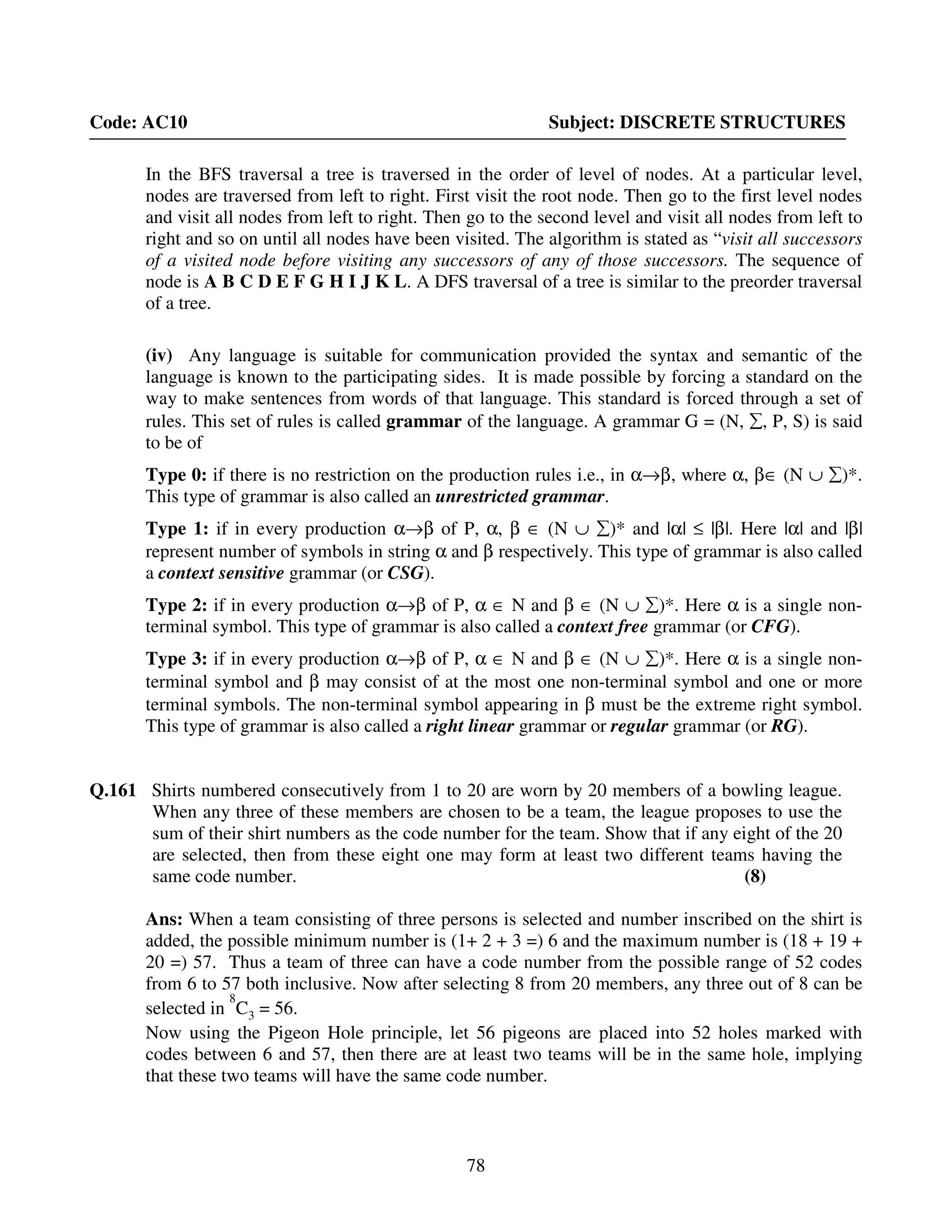 78
Code: AC10 Subject: DISCRETE STRUCTURES
In the BFS traversal a tree is traversed in the order of level of nodes. At a particular level,
nodes are traversed from left to right. First visit the root node. Then go to the first level nodes
and visit all nodes from left to right. Then go to the second level and visit all nodes from left to
right and so on until all nodes have been visited. The algorithm is stated as “visit all successors
of a visited node before visiting any successors of any of those successors. The sequence of
node is A B C D E F G H I J K L. A DFS traversal of a tree is similar to the preorder traversal
of a tree.
(iv) Any language is suitable for communication provided the syntax and semantic of the
language is known to the participating sides. It is made possible by forcing a standard on the
way to make sentences from words of that language. This standard is forced through a set of
rules. This set of rules is called grammar of the language. A grammar G = (N, ∑, P, S) is said
to be of
Type 0: if there is no restriction on the production rules i.e., in α→β, where α, β∈ (N ∪ ∑)*.
This type of grammar is also called an unrestricted grammar.
Type 1: if in every production α→β of P, α, β ∈ (N ∪ ∑)* and |α| ≤ |β|. Here |α| and |β|
represent number of symbols in string α and β respectively. This type of grammar is also called
a context sensitive grammar (or CSG).
Type 2: if in every production α→β of P, α ∈ N and β ∈ (N ∪ ∑)*. Here α is a single non-
terminal symbol. This type of grammar is also called a context free grammar (or CFG).
Type 3: if in every production α→β of P, α ∈ N and β ∈ (N ∪ ∑)*. Here α is a single non-
terminal symbol and β may consist of at the most one non-terminal symbol and one or more
terminal symbols. The non-terminal symbol appearing in β must be the extreme right symbol.
This type of grammar is also called a right linear grammar or regular grammar (or RG).
Q.161 Shirts numbered consecutively from 1 to 20 are worn by 20 members of a bowling league.
When any three of these members are chosen to be a team, the league proposes to use the
sum of their shirt numbers as the code number for the team. Show that if any eight of the 20
are selected, then from these eight one may form at least two different teams having the
same code number. (8)
Ans: When a team consisting of three persons is selected and number inscribed on the shirt is
added, the possible minimum number is (1+ 2 + 3 =) 6 and the maximum number is (18 + 19 +
20 =) 57. Thus a team of three can have a code number from the possible range of 52 codes
from 6 to 57 both inclusive. Now after selecting 8 from 20 members, any three out of 8 can be
selected in
8
C3 = 56.
Now using the Pigeon Hole principle, let 56 pigeons are placed into 52 holes marked with
codes between 6 and 57, then there are at least two teams will be in the same hole, implying
that these two teams will have the same code number.
 