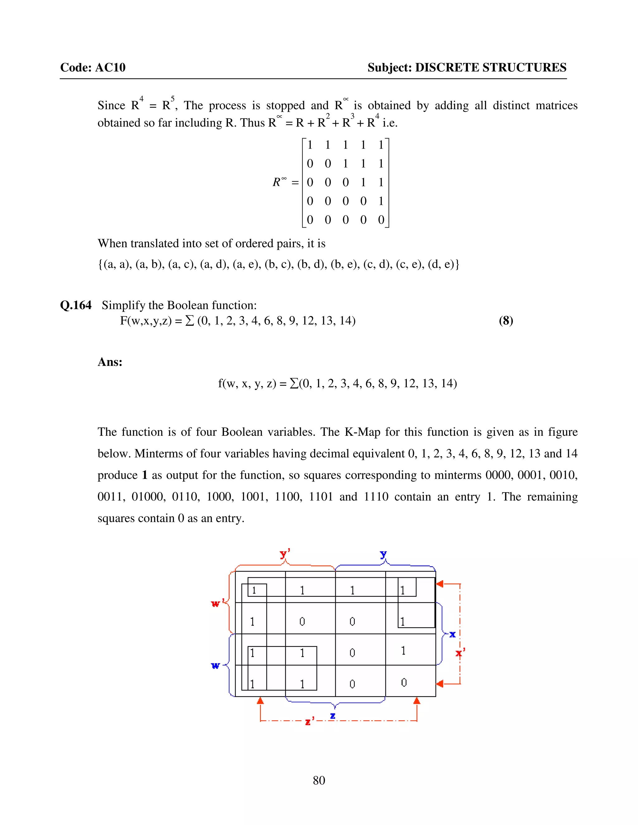 80
Code: AC10 Subject: DISCRETE STRUCTURES
Since R
4
= R
5
, The process is stopped and R
∝
is obtained by adding all distinct matrices
obtained so far including R. Thus R
∝
= R + R
2
+ R
3
+ R
4
i.e.
















=∞
00000
10000
11000
11100
11111
R
When translated into set of ordered pairs, it is
{(a, a), (a, b), (a, c), (a, d), (a, e), (b, c), (b, d), (b, e), (c, d), (c, e), (d, e)}
Q.164 Simplify the Boolean function:
F(w,x,y,z) = ∑ (0, 1, 2, 3, 4, 6, 8, 9, 12, 13, 14) (8)
Ans:
f(w, x, y, z) = ∑(0, 1, 2, 3, 4, 6, 8, 9, 12, 13, 14)
The function is of four Boolean variables. The K-Map for this function is given as in figure
below. Minterms of four variables having decimal equivalent 0, 1, 2, 3, 4, 6, 8, 9, 12, 13 and 14
produce 1 as output for the function, so squares corresponding to minterms 0000, 0001, 0010,
0011, 01000, 0110, 1000, 1001, 1100, 1101 and 1110 contain an entry 1. The remaining
squares contain 0 as an entry.
 