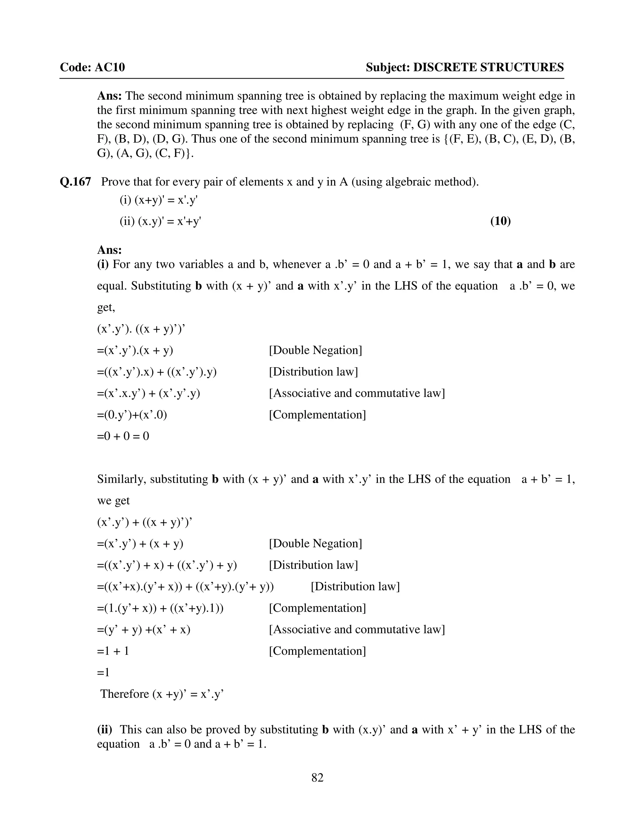 82
Code: AC10 Subject: DISCRETE STRUCTURES
Ans: The second minimum spanning tree is obtained by replacing the maximum weight edge in
the first minimum spanning tree with next highest weight edge in the graph. In the given graph,
the second minimum spanning tree is obtained by replacing (F, G) with any one of the edge (C,
F), (B, D), (D, G). Thus one of the second minimum spanning tree is {(F, E), (B, C), (E, D), (B,
G), (A, G), (C, F)}.
Q.167 Prove that for every pair of elements x and y in A (using algebraic method).
(i) (x+y)' = x'.y'
(ii) (x.y)' = x'+y' (10)
Ans:
(i) For any two variables a and b, whenever a .b’ = 0 and a + b’ = 1, we say that a and b are
equal. Substituting b with (x + y)’ and a with x’.y’ in the LHS of the equation a .b’ = 0, we
get,
(x’.y’). ((x + y)’)’
=(x’.y’).(x + y) [Double Negation]
=((x’.y’).x) + ((x’.y’).y) [Distribution law]
=(x’.x.y’) + (x’.y’.y) [Associative and commutative law]
=(0.y’)+(x’.0) [Complementation]
=0 + 0 = 0
Similarly, substituting b with (x + y)’ and a with x’.y’ in the LHS of the equation a + b’ = 1,
we get
(x’.y’) + ((x + y)’)’
=(x’.y’) + (x + y) [Double Negation]
=((x’.y’) + x) + ((x’.y’) + y) [Distribution law]
=((x’+x).(y’+ x)) + ((x’+y).(y’+ y)) [Distribution law]
=(1.(y’+ x)) + ((x’+y).1)) [Complementation]
=(y’ + y) +(x’ + x) [Associative and commutative law]
=1 + 1 [Complementation]
=1
Therefore (x +y)’ = x’.y’
(ii) This can also be proved by substituting b with (x.y)’ and a with x’ + y’ in the LHS of the
equation a .b’ = 0 and a + b’ = 1.
 