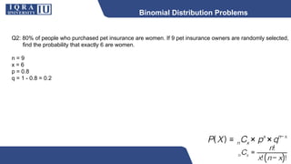 Binomial Distribution Problems
Q2: 80% of people who purchased pet insurance are women. If 9 pet insurance owners are randomly selected,
find the probability that exactly 6 are women.
n = 9
x = 6
p = 0.8
q = 1 - 0.8 = 0.2
 