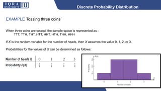 Discrete Probability Distribution
EXAMPLE Tossing three coins`
When three coins are tossed, the sample space is represented as :
TTT, TTH, THT, HTT, HHT, HTH, THH, HHH
If X is the random variable for the number of heads, then X assumes the value 0, 1, 2, or 3.
Probabilities for the values of X can be determined as follows:
 