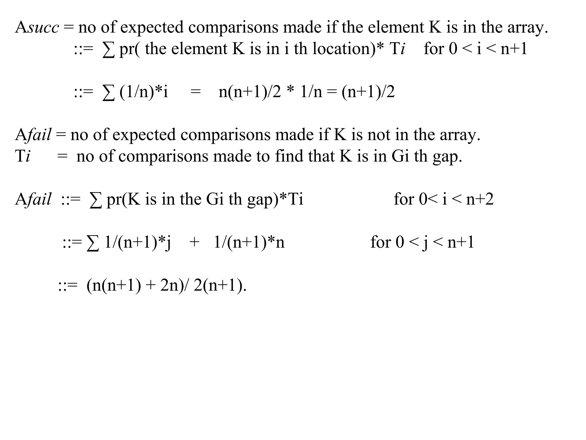 Asucc = no of expected comparisons made if the element K is in the array.
::= ∑ pr( the element K is in i th location)* Ti for 0 < i < n+1
::= ∑ (1/n)*i = n(n+1)/2 * 1/n = (n+1)/2
Afail = no of expected comparisons made if K is not in the array.
Ti = no of comparisons made to find that K is in Gi th gap.
Afail ::= ∑ pr(K is in the Gi th gap)*Ti for 0< i < n+2
::= ∑ 1/(n+1)*j + 1/(n+1)*n for 0 < j < n+1
::= (n(n+1) + 2n)/ 2(n+1).
 