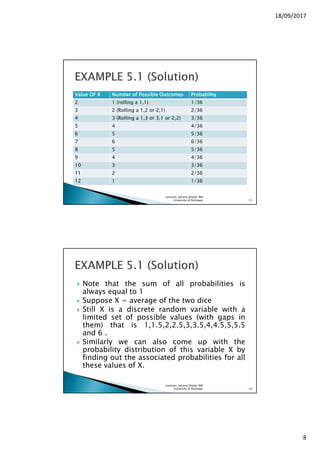 18/09/2017
8
Value OF XValue OF XValue OF XValue OF X Number of Possible OutcomesNumber of Possible OutcomesNumber of Possible OutcomesNumber of Possible Outcomes ProbabilityProbabilityProbabilityProbability
2 1 (rolling a 1,1) 1/36
3 2 (Rolling a 1,2 or 2,1) 2/36
4 3 (Rolling a 1,3 or 3,1 or 2,2) 3/36
5 4 4/36
6 5 5/36
7 6 6/36
8 5 5/36
9 4 4/36
10 3 3/36
11 2 2/36
12 1 1/36
Lecturer, Johaina Khalid, IMS,
University of Peshawar. 15
Note that the sum of all probabilities is
always equal to 1
Suppose X = average of the two dice
Still X is a discrete random variable with a
limited set of possible values (with gaps in
them) that is 1,1.5,2,2.5,3,3.5,4,4.5,5,5.5
and 6 .
Similarly we can also come up with the
probability distribution of this variable X by
finding out the associated probabilities for all
these values of X.
Lecturer, Johaina Khalid, IMS,
University of Peshawar. 16
 