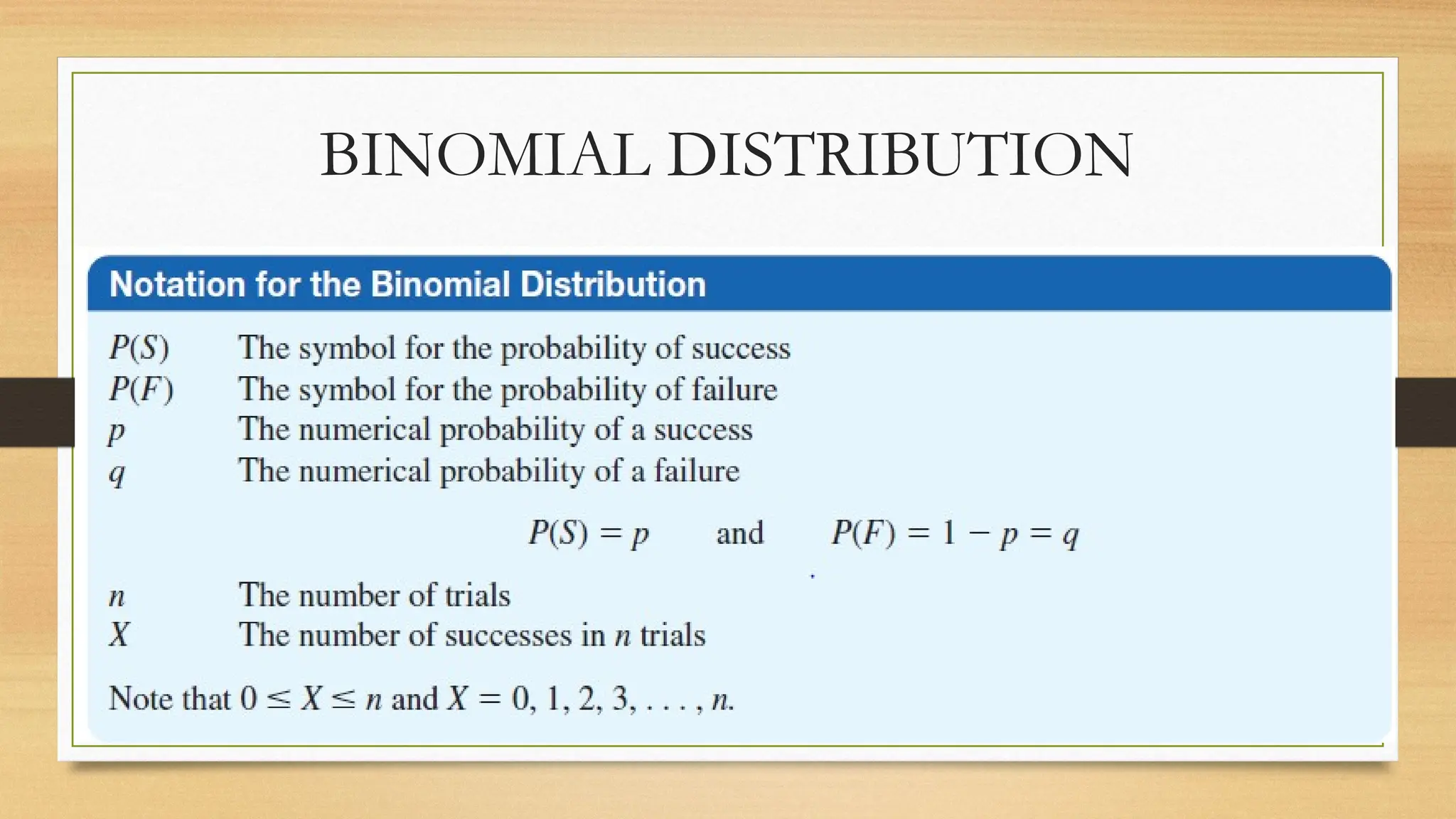 BINOMIAL DISTRIBUTION
• The outcomes of a binomial experiment and the
corresponding probabilities of these outcomes are called a
binomial distribution.
 