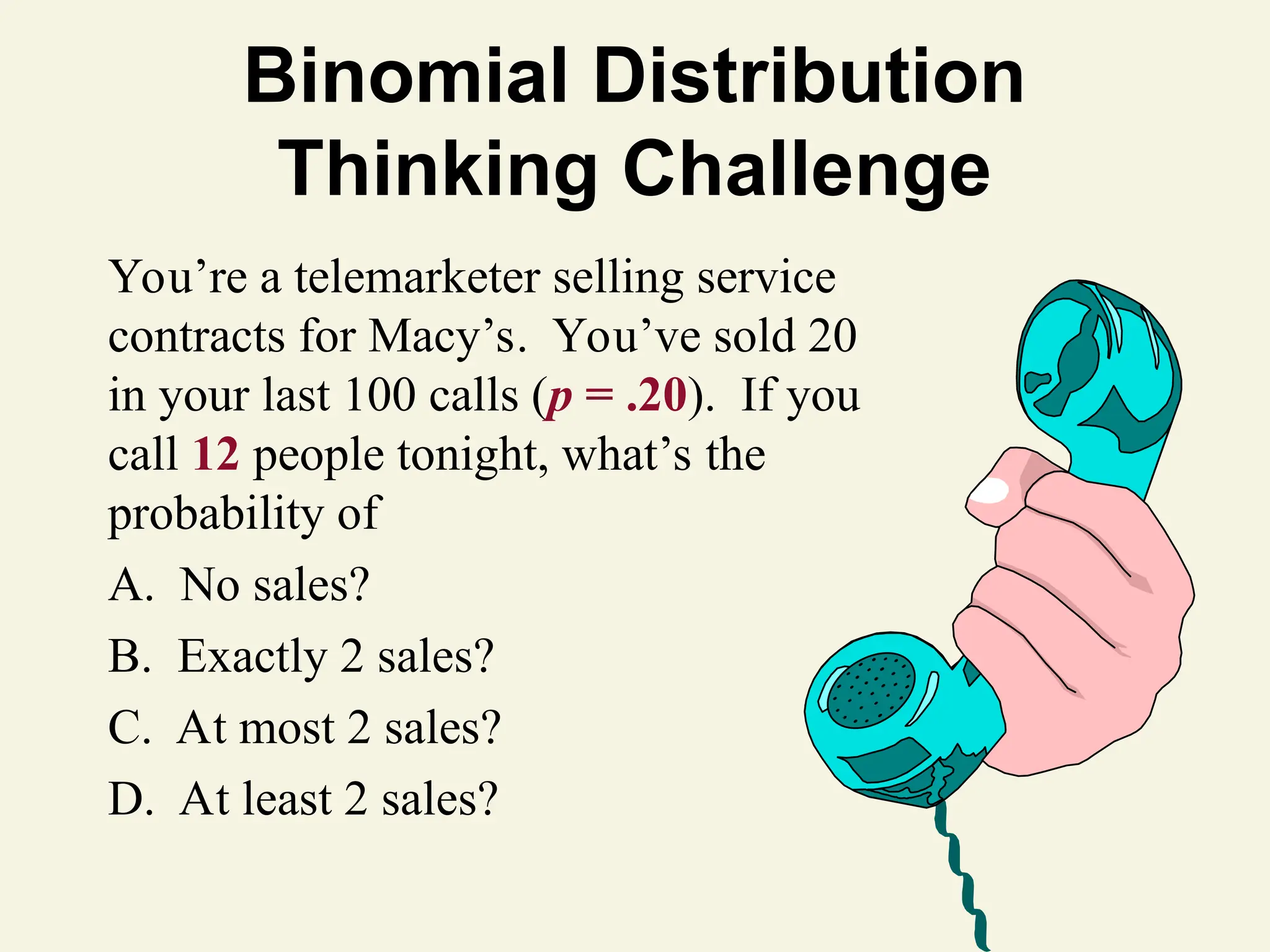Binomial Distribution
Thinking Challenge
You’re a telemarketer selling service
contracts for Macy’s. You’ve sold 20
in your last 100 calls (p = .20). If you
call 12 people tonight, what’s the
probability of
A. No sales?
B. Exactly 2 sales?
C. At most 2 sales?
D. At least 2 sales?
 