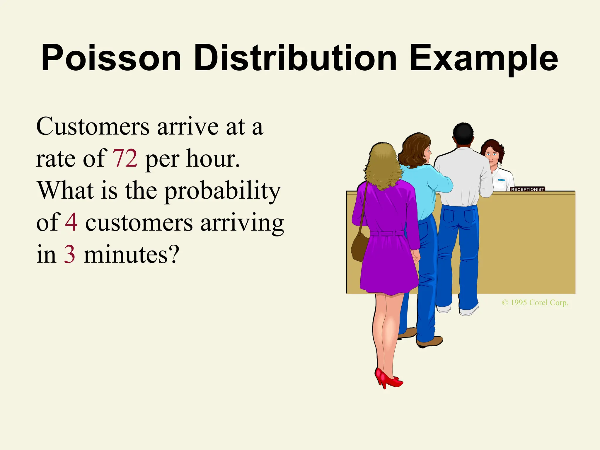Poisson Distribution Example
Customers arrive at a
rate of 72 per hour.
What is the probability
of 4 customers arriving
in 3 minutes?
© 1995 Corel Corp.
 
