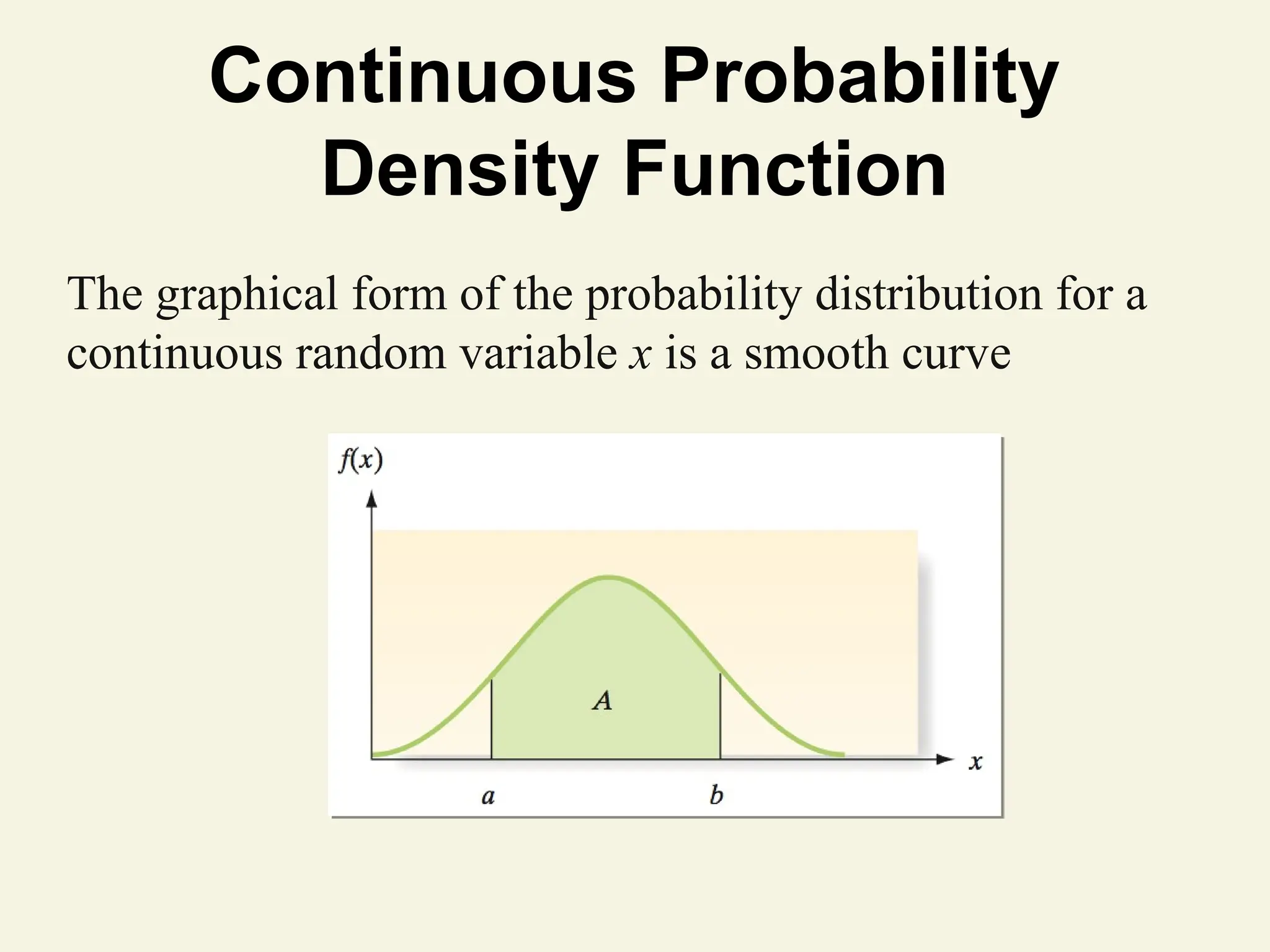 Continuous Probability
Density Function
The graphical form of the probability distribution for a
continuous random variable x is a smooth curve
 