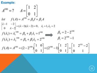 22







10
21
?100
AA
Example:
AIAAflet 10
100
)(  
2,1,0)2)(1(
20
21
21 





100
210
100
22
100
110
100
11
2)(
1)(




f
f
12
22
100
1
100
0









 













10
221
10
21
)12(
10
01
)22()(
101
100100100
AAf
 
