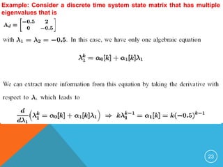 23
Example: Consider a discrete time system state matrix that has multiple
eigenvalues that is
 
