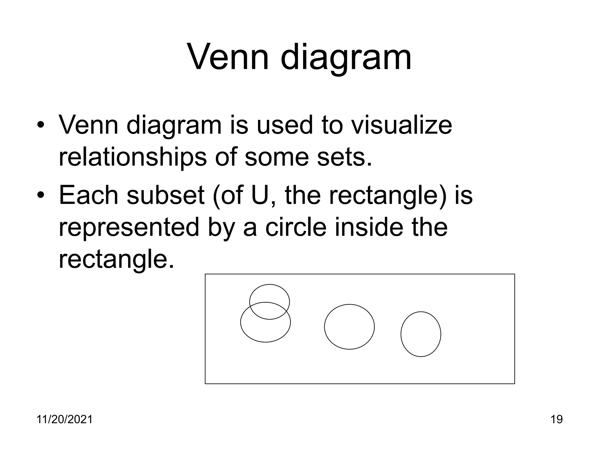 11/20/2021 19
Venn diagram
• Venn diagram is used to visualize
relationships of some sets.
• Each subset (of U, the rectangle) is
represented by a circle inside the
rectangle.
 