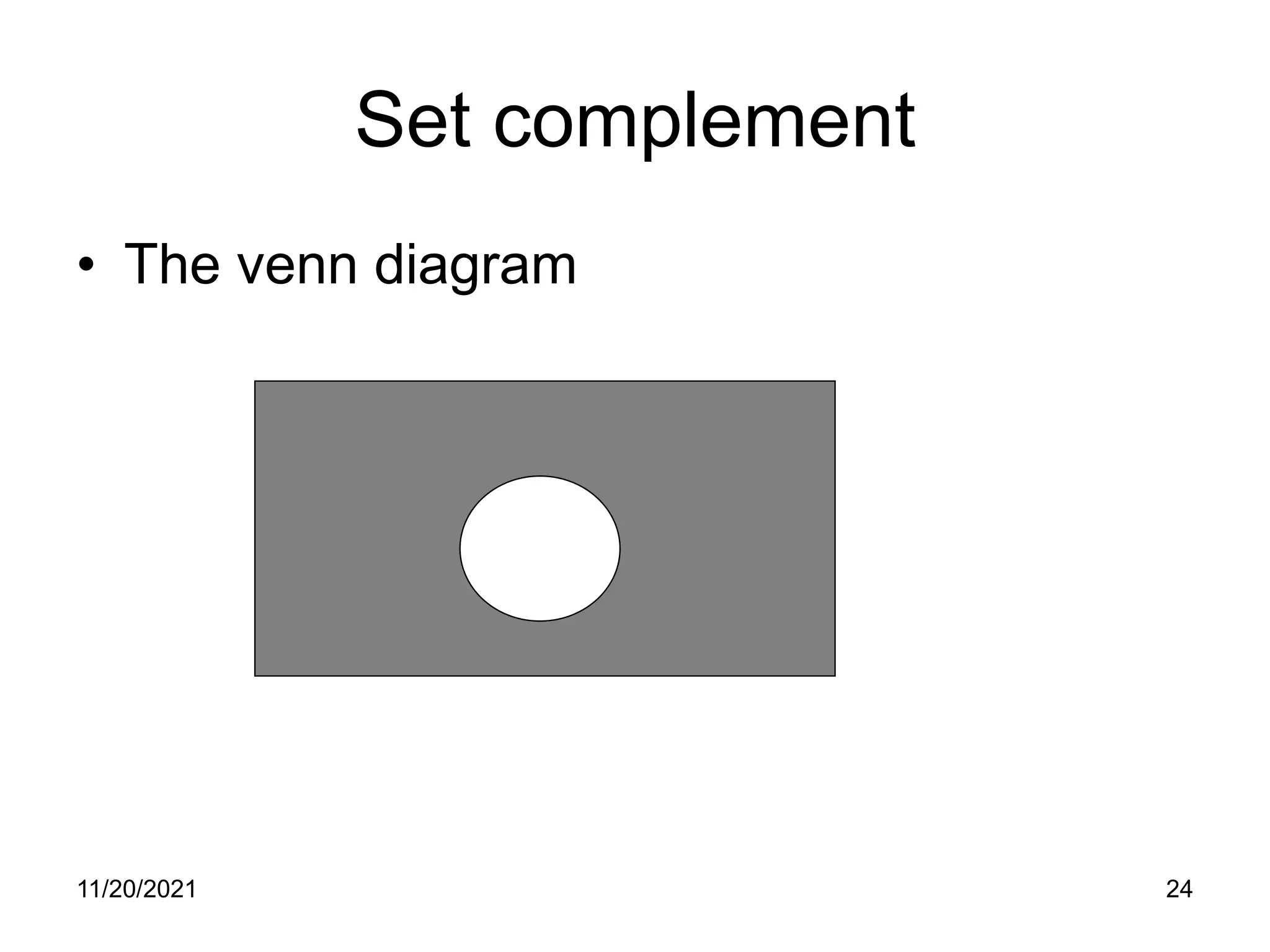 11/20/2021 24
Set complement
• The venn diagram
 