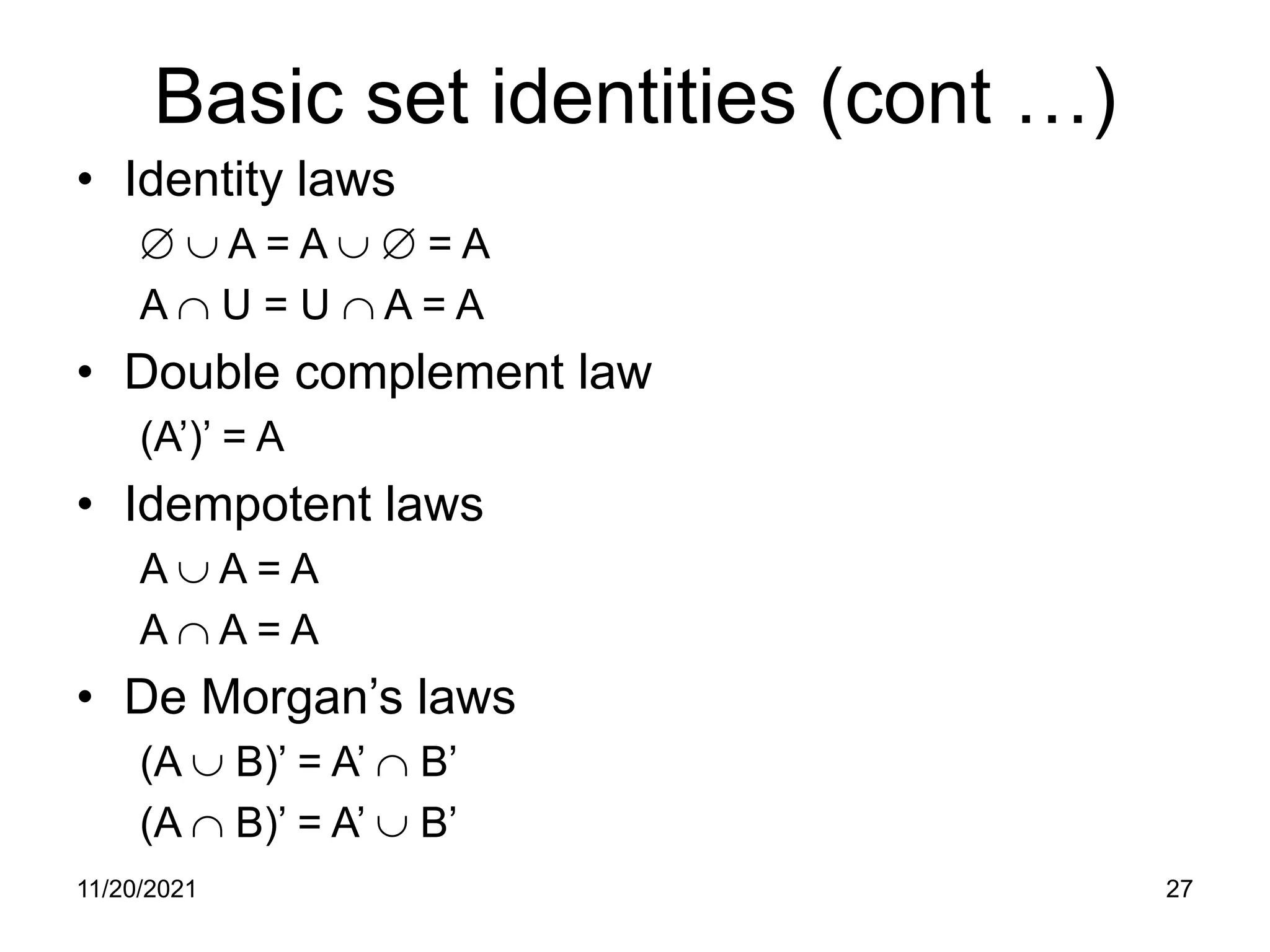 11/20/2021 27
Basic set identities (cont …)
• Identity laws
∅ ∪ A = A ∪ ∅ = A
A ∩ U = U ∩ A = A
• Double complement law
(A’)’ = A
• Idempotent laws
A ∪ A = A
A ∩ A = A
• De Morgan’s laws
(A ∪ B)’ = A’ ∩ B’
(A ∩ B)’ = A’ ∪ B’
 